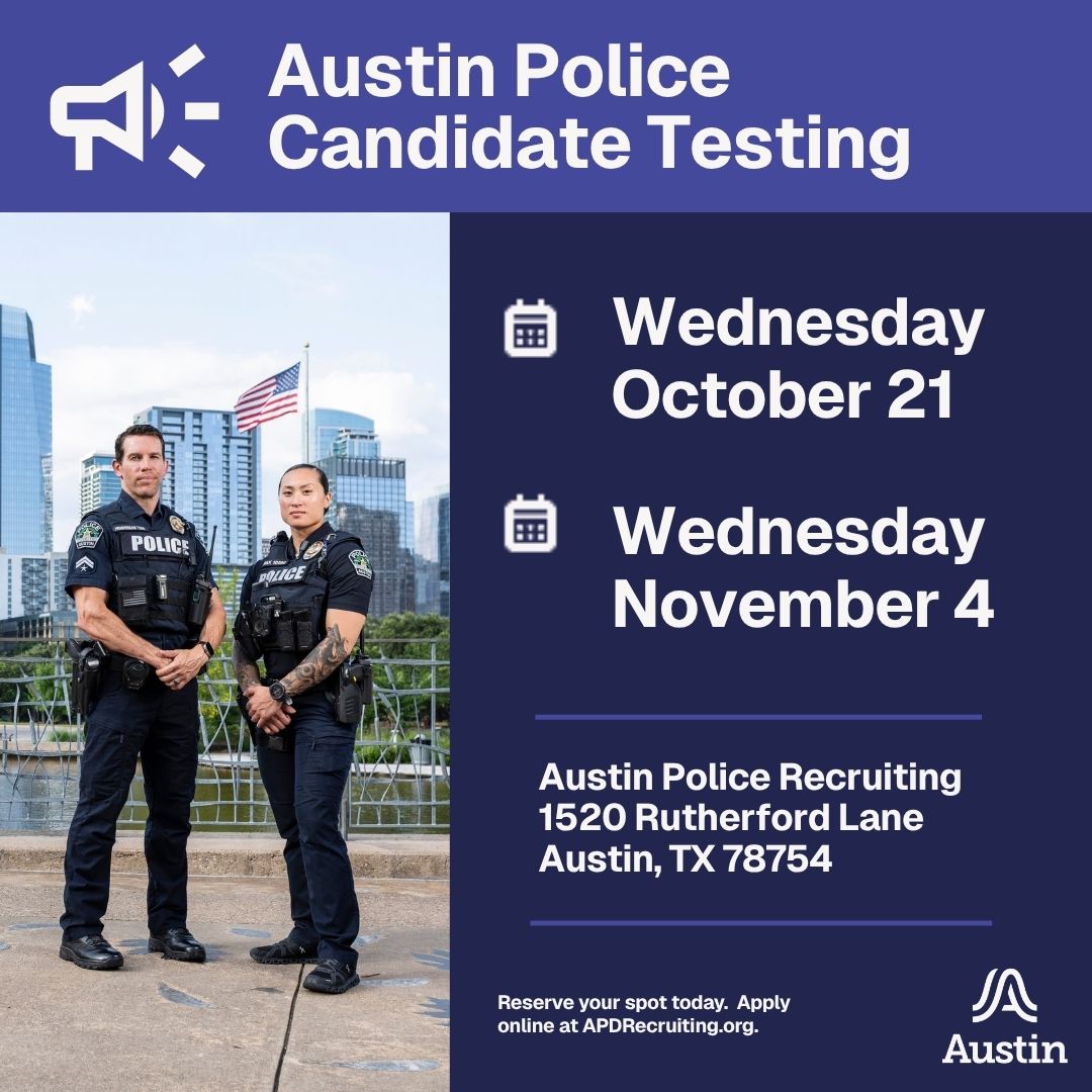JoinAPD's tweet photo. ⏰ Two testing dates coming up! If becoming an Austin Police Officer is on your radar this year, now’s the time to take the next step.

📅 Two testing dates available for our upcoming academy: October 21 & November 4

Don’t wait! Get your application started at https://t.co/0fPqLAg5NQ 👮‍♂️💪