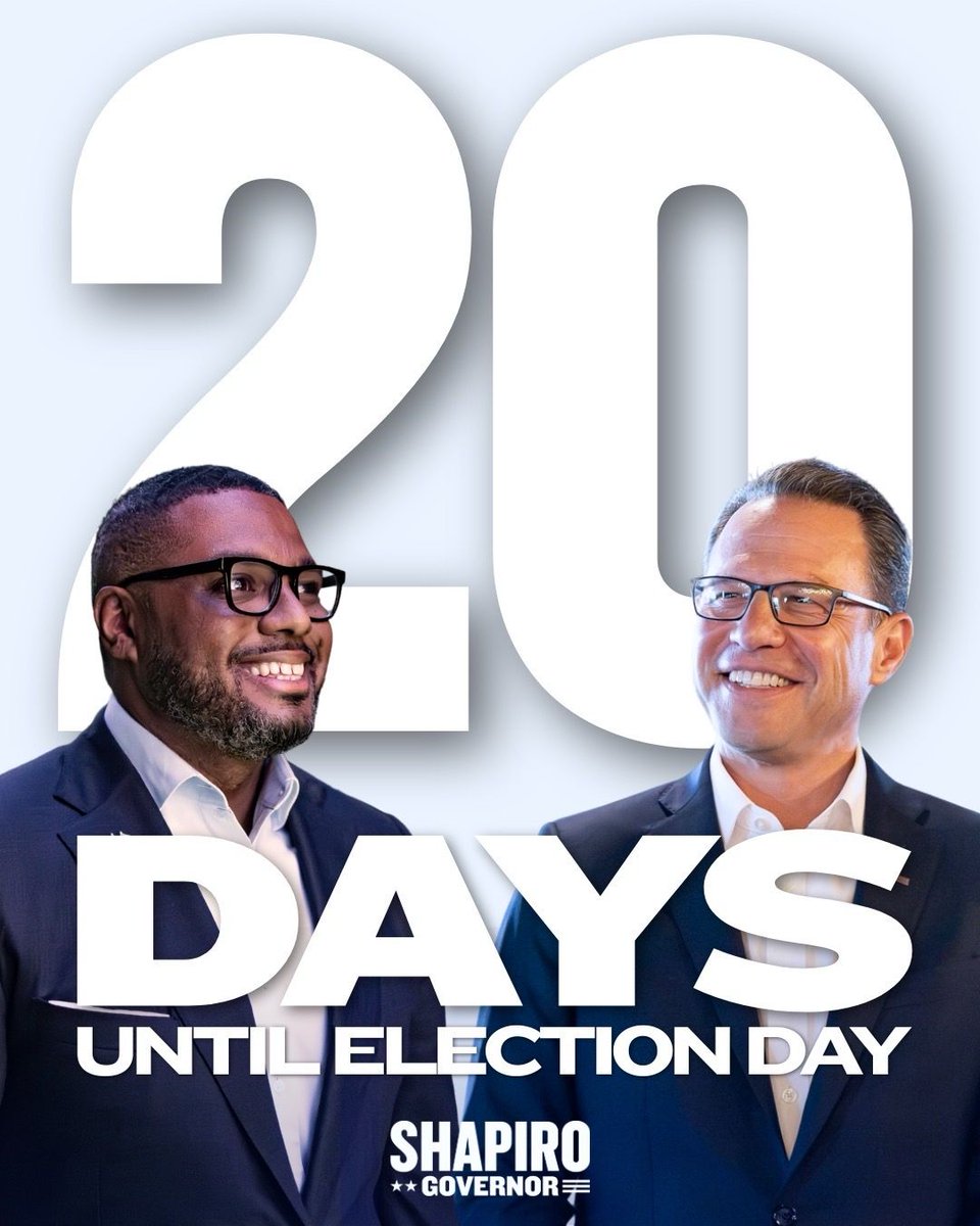 JoshShapiroPA's tweet photo. 20 days, Pennsylvania!

We’ve got less than three weeks to make the final calls, knock on doors, and make sure you and everyone you know has a plan to vote on November 3rd.

Join us for the final stretch: https://t.co/253K7iZy9T. https://t.co/MD3pwXPUfv