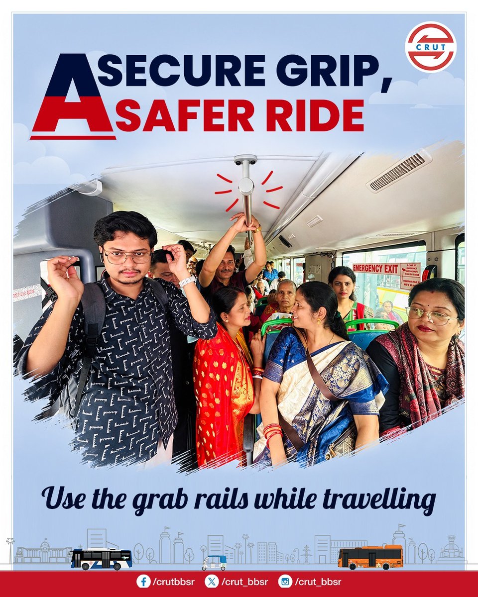 CRUT_BBSR's tweet photo. One hand, one simple habit, a safer ride! 

Hold the grab rail, stay balanced, and let safety travel with you on every Ama Bus journey.

#crut #amabus #saferide #passengersafety #travelsmart #urbanmobility https://t.co/oDXhoDXG10