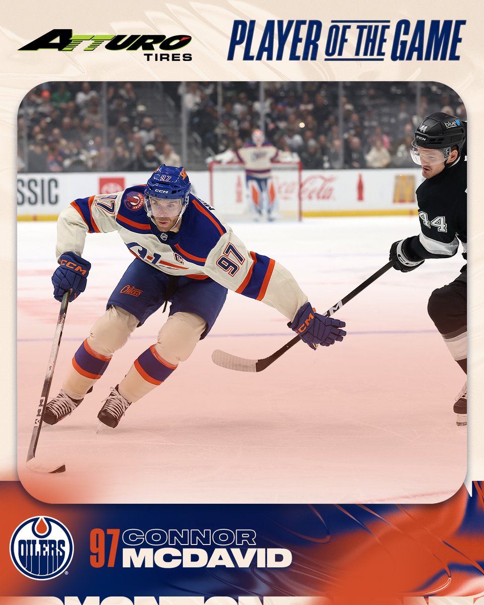 EdmontonOilers's tweet photo. Connor McDavid marked game number 800 with a goal &amp; three assists in yesterday's 4-1 #Oilers victory over Los Angeles to earn the @AtturoTires Player of the Game nod! 🛞

#AtturoTires | #LetsGoOilers https://t.co/jIR2wTyv0Q