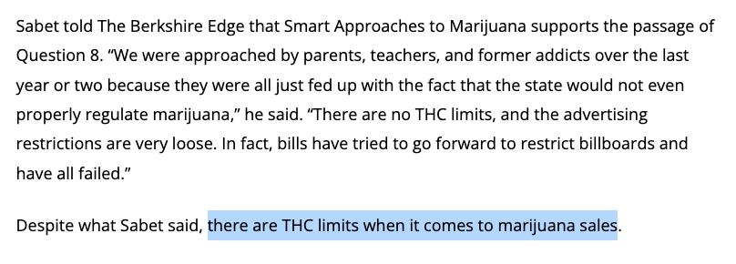 jfberke's tweet photo. Here's Smart Approaches to Marijuana CEO Kevin Sabet directly misleading a reporter for the Berkshire Edge about the Massachusetts cannabis repeal campaign SAM Action is funding to the tune of millions:

MA does have THC limits for edibles per serving. https://t.co/XJro6j8w8w