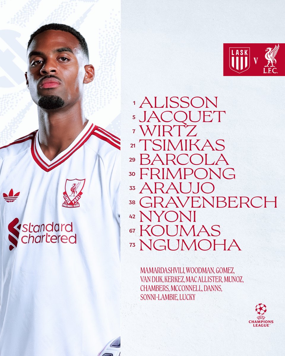 LFC's tweet photo. Our team to take on LASK ✊ #UCL https://t.co/8vObg7mgLF