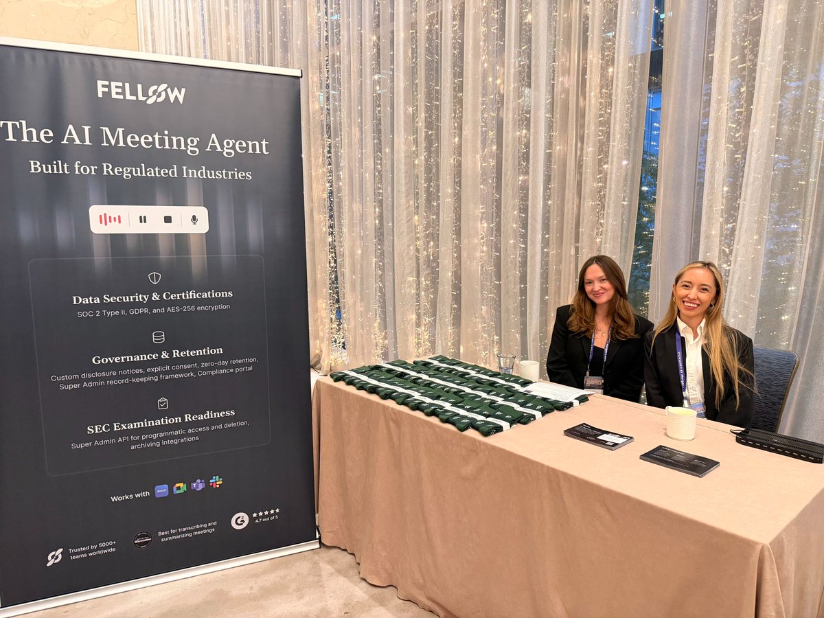 FellowAInotes's tweet photo. Heading to the AIMA Global Investor Forum in Toronto? Come say hi! 👋 

The Fellow team is at The Ritz-Carlton, Toronto, October 14 to 15. Stop by to chat with @ManuelaBarcenas and Taylor about how Fellow keeps your AI meeting notes secure and compliant. https://t.co/tcQ8s5Unn2