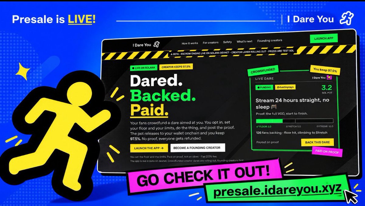 Cryptovertexx's tweet photo. Likes don’t pay the bills. Views don’t always translate into money. But what if your audience could fund the content they want to see? 👀

That’s the interesting part of @IDareYouxyz.

A fan proposes a dare and backs it with USDG. You decide whether to take it, set your own conditions, and choose your limits.

Complete the challenge and provide valid proof, and 97.5% of the pool goes to you. If you fail to provide valid proof, contributors get refunded.

No pressure to accept every challenge. No payout without proof.

It’s a fresh approach to creator monetization that gives fans more involvement and creators more control over how they earn.

Could this be the next evolution of interactive content?

Explore the platform:

App: https://t.co/zSb1XW0Yuq
X: https://t.co/YoTAZ55vjx
Telegram: https://t.co/2lj0JY7JlM
Presale: https://t.co/14tV9W1KqE