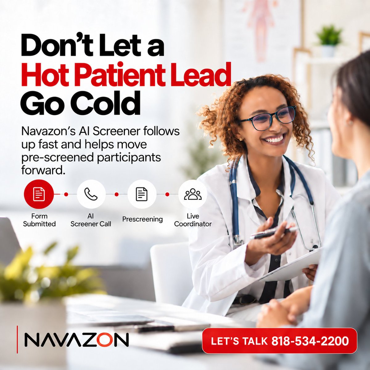 NavazonDigital's tweet photo. Navazon’s AI Screener reaches clinical trial leads within seconds—confirming interest, pre-screening, and connecting qualified participants fast. Boost engagement, cut delays. 📞 818-534-2200 #ClinicalTrials #AIScreener https://t.co/Ekai2ZDHfb