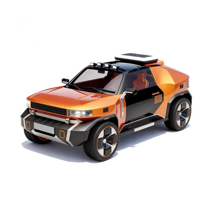 Futuristic orange and black compact SUV concept showcasing a rugged urban electric crossover design with bold wheel arches, large alloy wheels, roof-mounted solar panel and LED light bar, suggesting mixed city and light off-road use.
