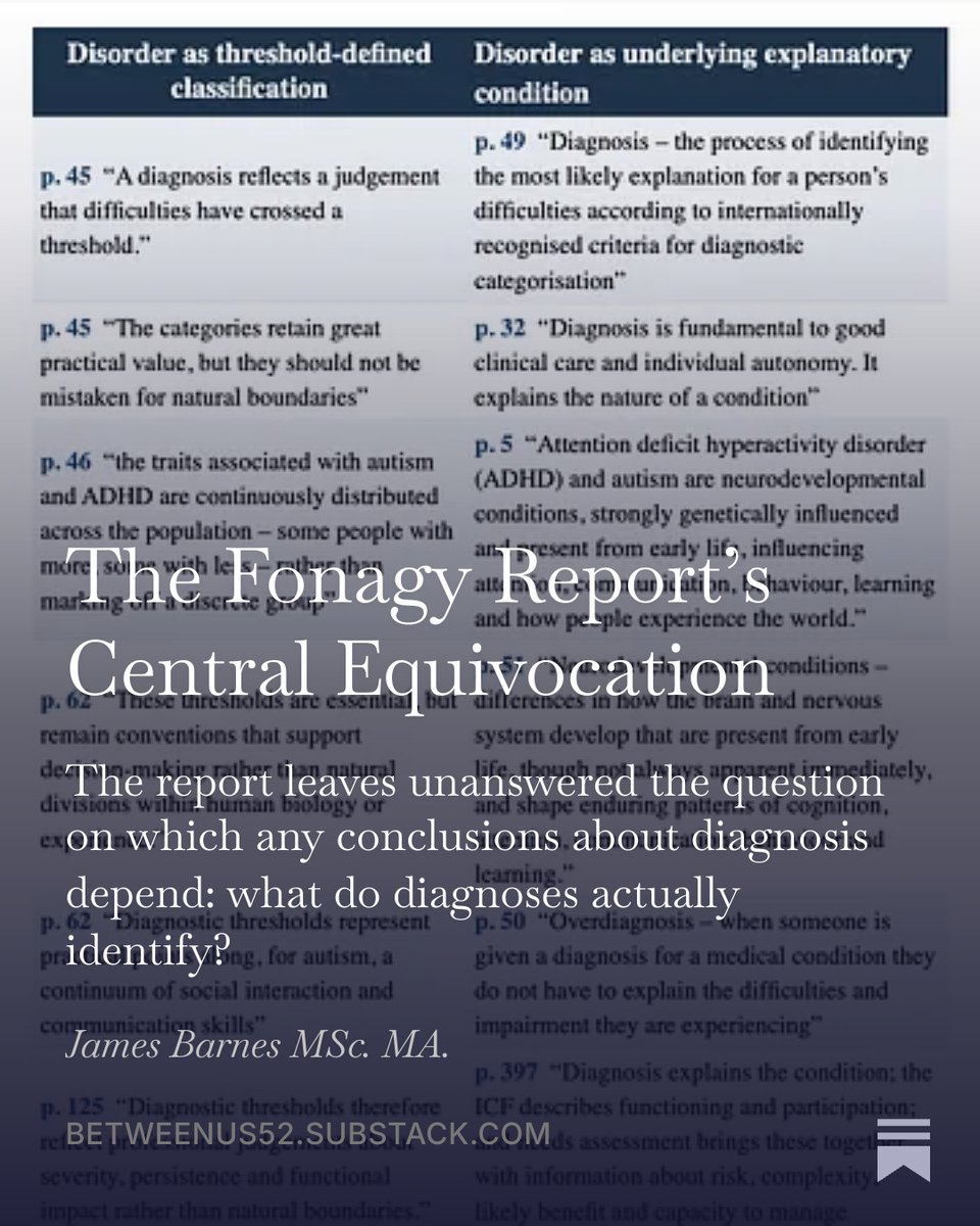 psychgeist52's tweet photo. The Fonagy report defines psychiatric diagnoses as thresholds on continuous human variation; it also treats them as identifying underlying explanatory disorders.  

Despite important concessions, this equivocation undermines its conclusions and may just recapitulate the problem.

(See below for link to article👇)