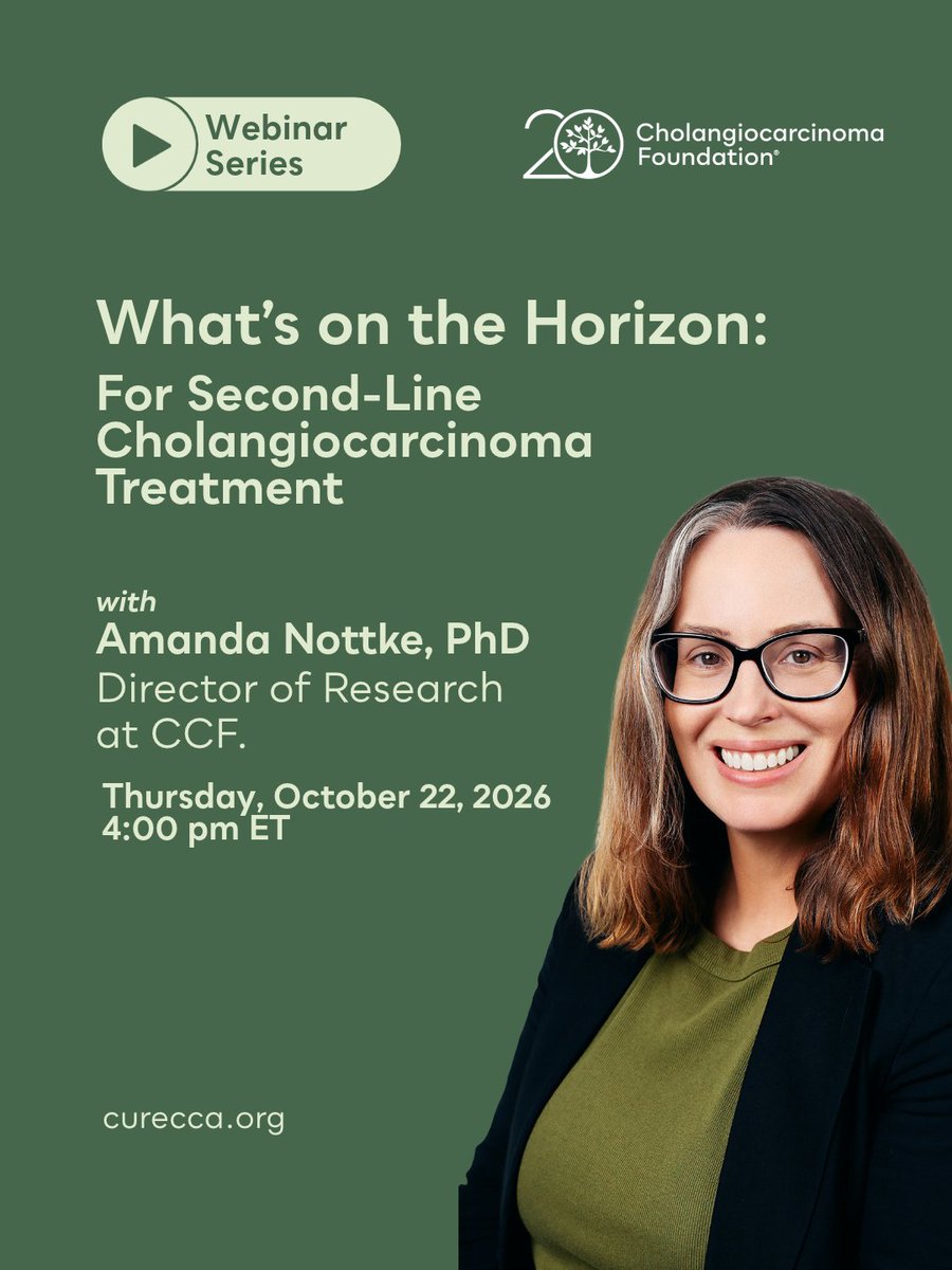 curecc's tweet photo. Please join our next Educational Webinar: What’s on the Horizon for Second-Line Cholangiocarcinoma Treatment.

This webinar will be led by Amanda Nottke, PhD, the Director of Research at CCF. After starting her career in academic research, she worked as a biopharma consultant before focusing on real-world data research and clinical trial matching prior to joining CCF.

It is an exciting time in cholangiocarcinoma research and pharmaceutical development. Amanda will walk us through the general principles of cancer drug design and describe the types of emerging therapies for second line or later cholangiocarcinoma treatment. She will also discuss how biomarker testing relates to treatment options in this setting, including clinical trial eligibility, with a special focus on options for cancers that do not have biomarkers with FDA-approved treatment options. Simply put: what if I do not have an FGFR2, IDH1, or HER2 mutation, or if I have no biomarkers at all?

🗓️ October 22, 2026
⏱️ 4:00pm ET
🔗 https://t.co/55BtsSk9OH

=