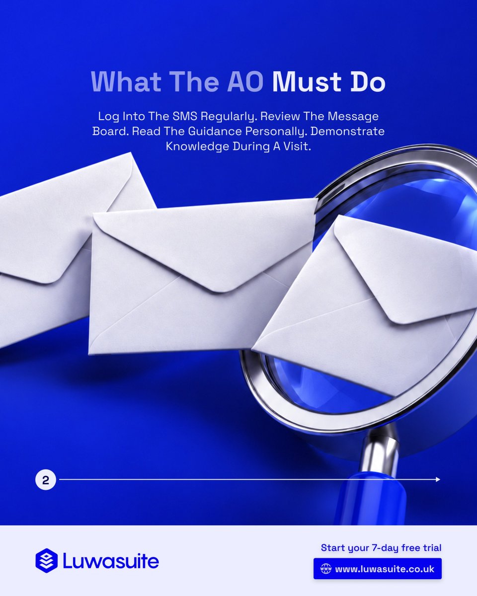 LuwasuiteUK's tweet photo. LuwaSuite sends your AO a monthly reminder with asummary of what changed in the guidance, what needsattention in your organisation, and their current LuwaScore.

Start free trial https://t.co/QAncJE0kQq

#AuthorisingOfficer #Governance #SponsorLicence #LuwaSuite
#March2026 https://t.co/nRWxTImx5u