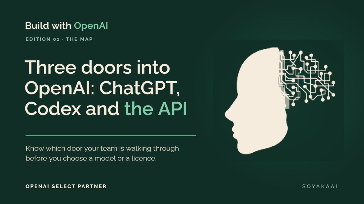 sonatykaya's tweet photo. We're now an OpenAI Select Partner in Saudi Arabia. I'm sharing what that work teaches us in a new series, Build with OpenAI.
Edition 1: the three doors into OpenAI (ChatGPT, Codex and the API) and why each needs its own owner.
https://t.co/SfbVDAryYO https://t.co/gCX69xgymS