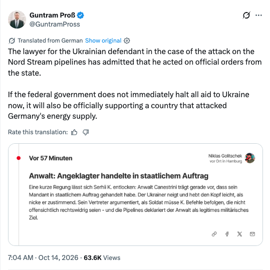WiretapMediaCa's tweet photo. 💥MAJOR BREAKING: The destruction of the Nord Stream pipeline—a major energy artery that fed Europe's gas reserves—was ordered by Zelenskyy and then blamed on Russia to pull Europe into the war. 

Canadians are funding one of the largest war psy-ops in modern history. https://t.co/At3pmEUeJa