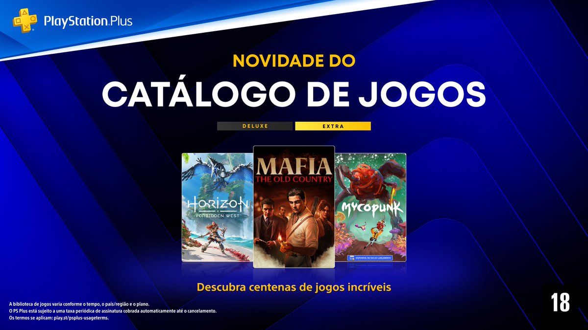 PlayStation_BR's tweet photo. PlayStation Plus Extra e Deluxe recebem vários jogos novos em outubro:

💰 Mafia: The Old Country
🏹 Horizon Forbidden West
🍄 Mycopunk
🧟‍♀️ Poppy Playtime: Chapter 2

…e mais. Detalhes completos: https://t.co/nZTdJWlIGK https://t.co/1wovfrusdj