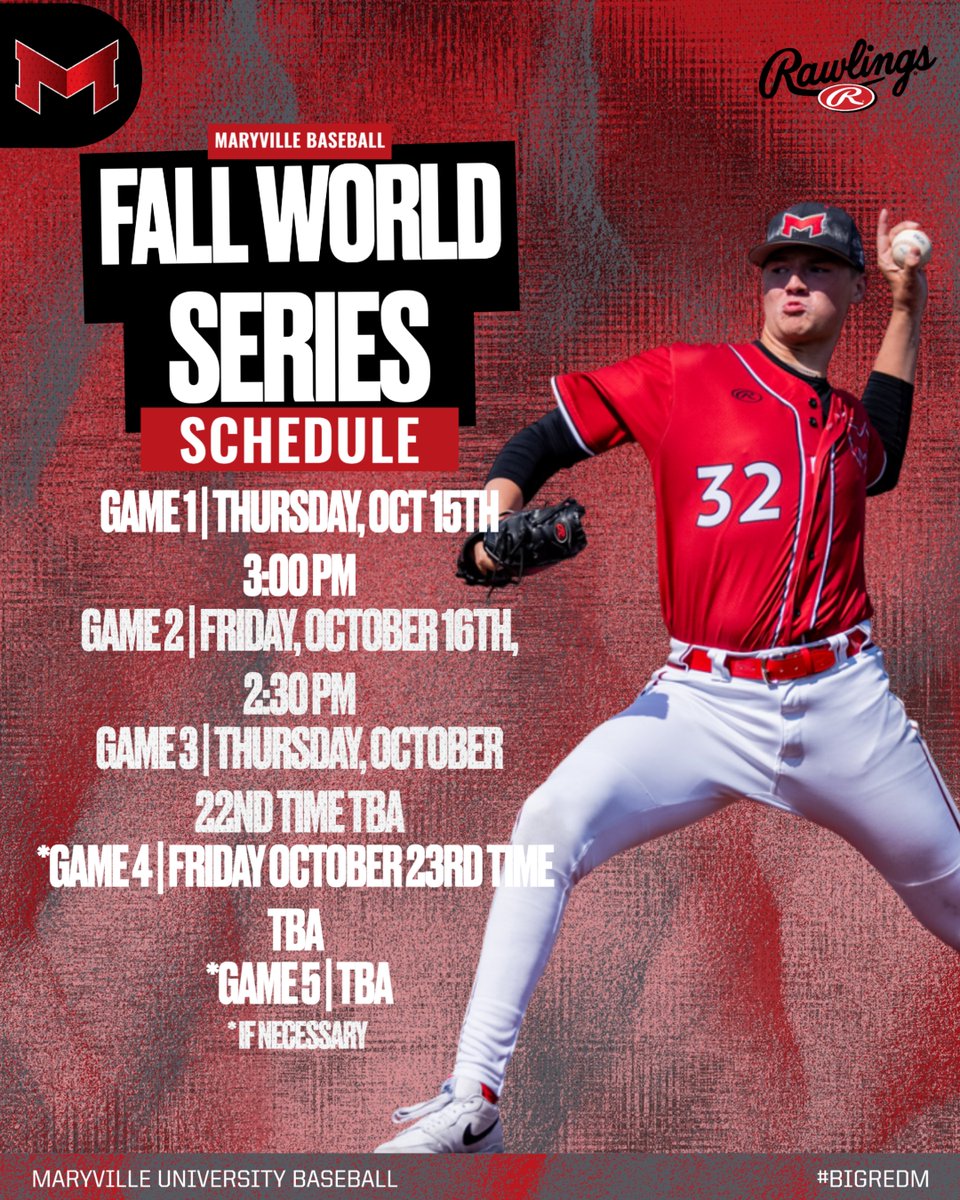 BaseballMU's tweet photo. THE FALL WORLD SERIES IS HERE‼️

Here is the schedule for our fall world series which will be the last scrimmages of the fall for the Saints. Please keep an eye out on our platforms for any schedule changes‼️

#BigRedM #NCAA #CollegeBaseball #Baseball #Maryville https://t.co/XivWm4SSuk