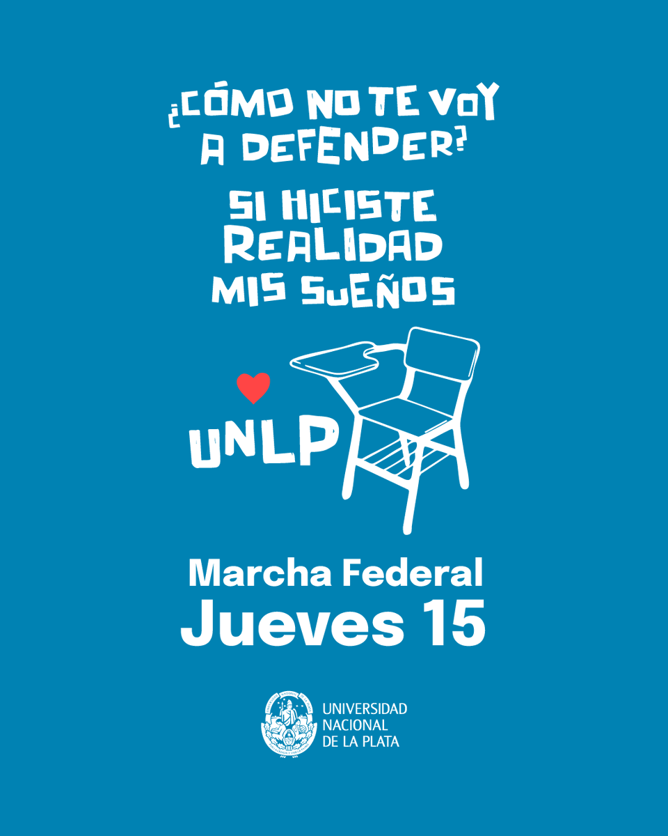 unlp's tweet photo. 💙 La educación pública se defiende entre todos. 
Porque la #UNLP es mucho más que un lugar donde estudiamos: es una oportunidad, un proyecto colectivo y el futuro de miles de personas.
📍 El jueves a las 13 hs nos encontramos en Cerrito y Avenida de Mayo para marchar juntos. 💪 https://t.co/w4J8hIpbbH