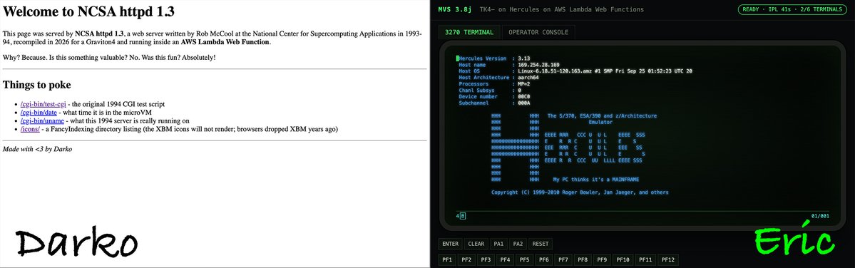 edjgeek's tweet photo. Some more #AWSLambda Web Function fun. My buddy @darkosubotica was, well, flexing a bit with his 1994 NCSA httpd 1.3 server running in a web function. So, I flexed back with my IBM's 1980s mainframe operating system, MVS 3.8j, running on an emulated System/370 accessed through a live 3270 inside a web function. Who won?
