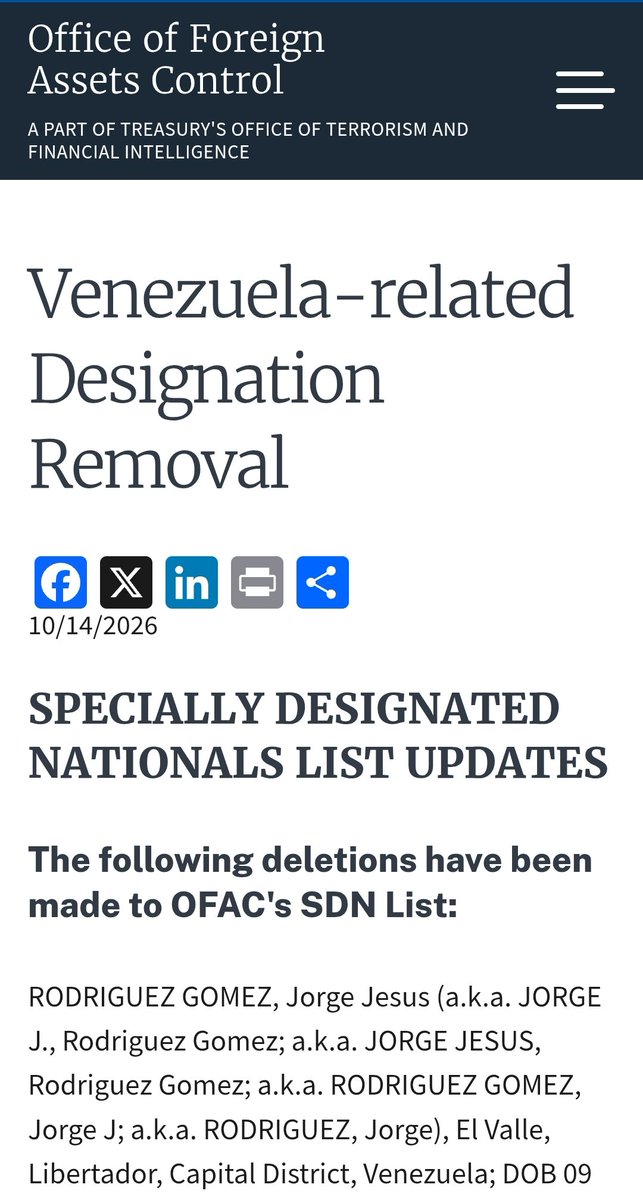 AssemblyMediaV's tweet photo. The US gov't has removed Jorge Rodríguez, the president of Venezuela’s National Assembly, from the Specially Designated Nationals (SDN) list of sanctioned individuals. Jorge is the brother of Delcy Rodríguez, also removed from the list earlier this year. https://t.co/hE7fYPjKAy https://t.co/uvgANTWvfJ