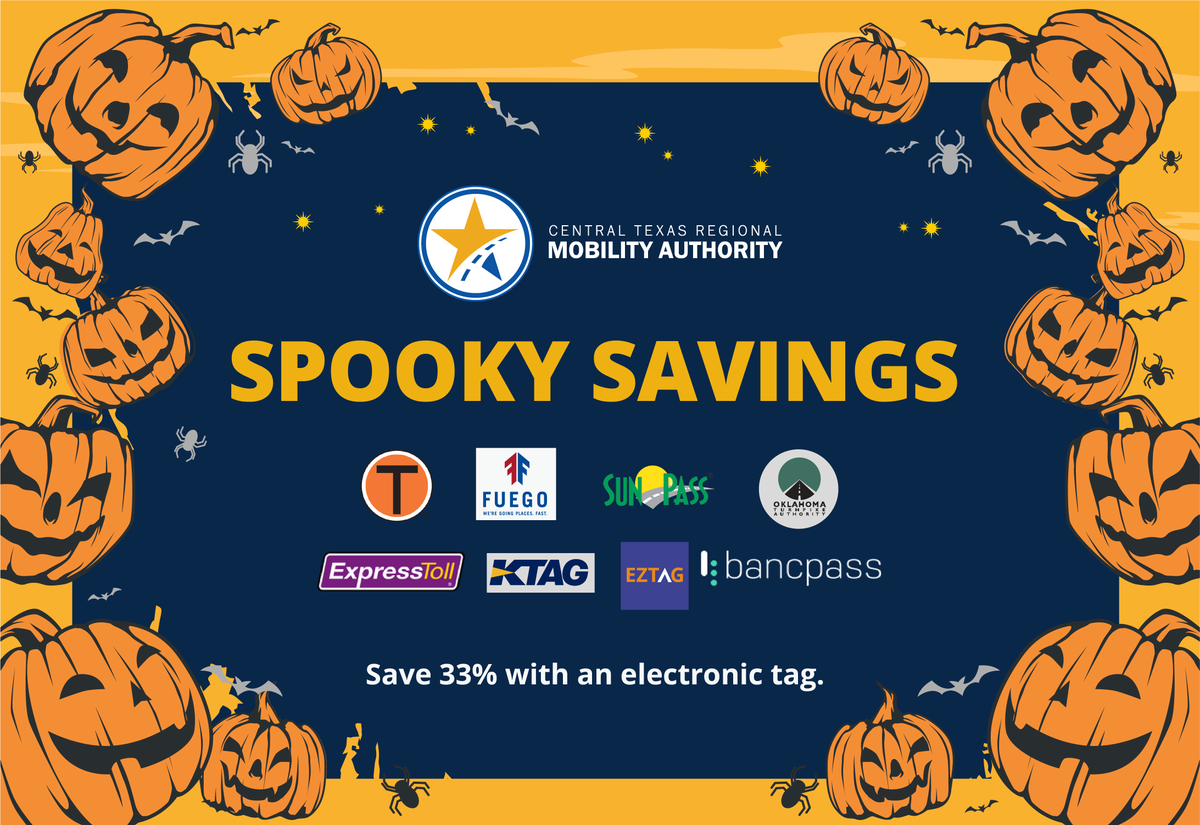 CTXMobility's tweet photo. Spooky season? More like spooky savings! Don’t let the cost of tolls scare you—switch to an electronic tag and save 33% on every toll transaction. https://t.co/sK2Mb25iO3 https://t.co/9nAe0WnMyZ