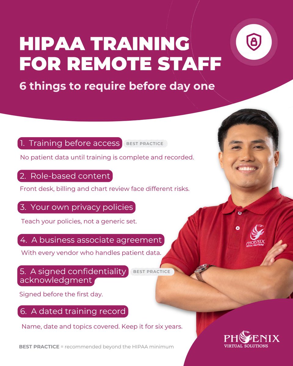 phoenixvs_'s tweet photo. Would your remote team pass a HIPAA (Health Insurance Portability and Accountability Act) training check today?
Save these 6 things to require before anyone touches patient data.
#HIPAACompliance #HealthcareOperations #VirtualMedicalAssistant https://t.co/fMOV2rbaHR