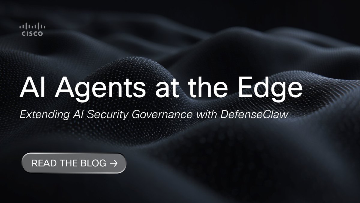 CiscoAI's tweet photo. AI agents are moving beyond screens and servers into the physical world.

The new DefenseClaw Edge Connector brings AI agent security to robots, drones, and IoT devices — enforcing security policies locally, in microseconds.

Physical AI is moving intelligence to the edge. DefenseClaw moves security with it.

Read more: https://t.co/ZIG7X101VY
