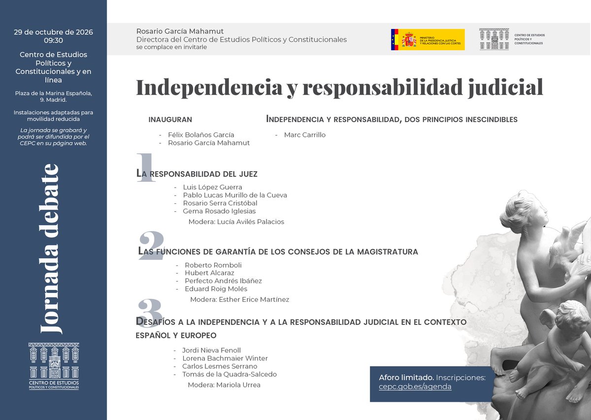 cepcgob's tweet photo. Jueves 29 9:30
Jornada de debate "Independencia y responsabilidad judicial"
Inauguran
@felixbolanosg
Rosario García Mahamut
Con
Marc Carrillo
Luis López Guerra
Pablo Lucas Murillo de la Cueva
Rosario Serra Cristóbal
Gema Rosado Iglesias
Inscripción👇
https://t.co/rzzVwrwalP (1/3) https://t.co/fxuUzueaXB