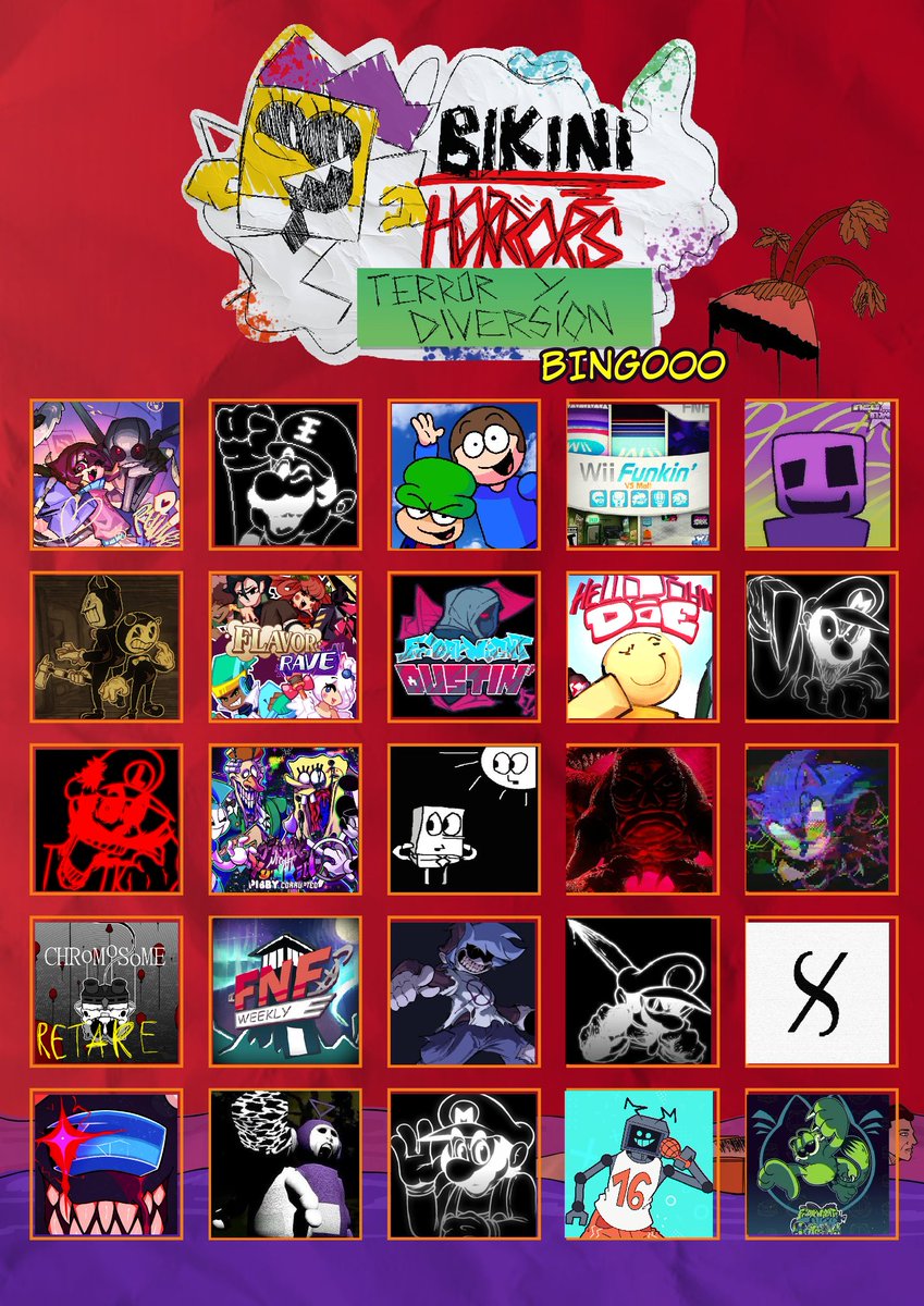 XenophonFNF's tweet photo. More or less using this as a wishlist than anything, but here's my <Missing_SHEET_BINGO_32_BIKINIHORRORSV5> https://t.co/wMoKJjawFb