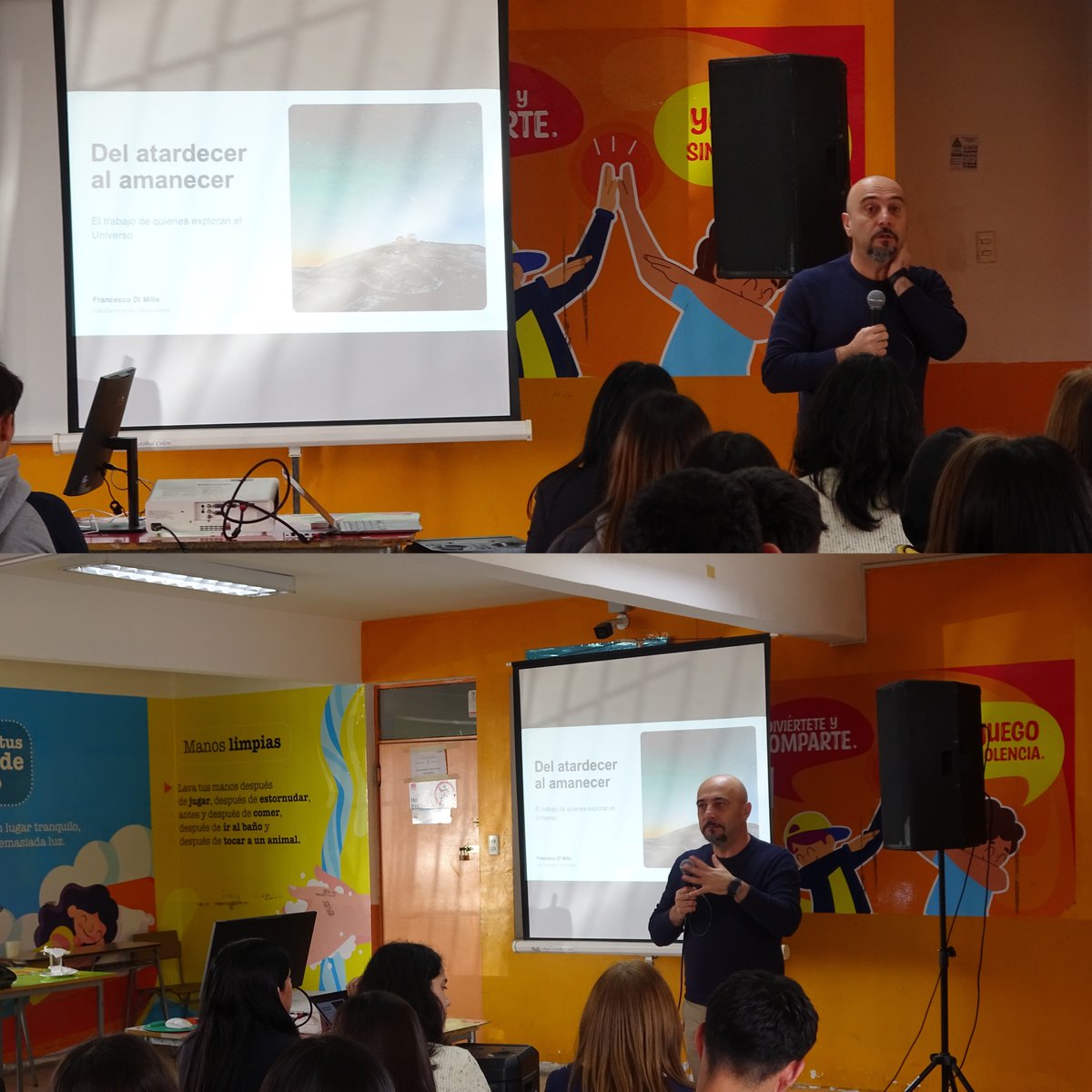 LCOAstro's tweet photo. Nuestro astrónomo Francesco Di Mille, Científico de Operaciones y líder de Operaciones nocturnas en @LCOAstro , visitó el Colegio Cristobal Colón de Coquimbo para conversar con sus estudiantes sobre astronomía y compartir su experiencia de trabajo en el observatorio. https://t.co/TjSehVvHmr