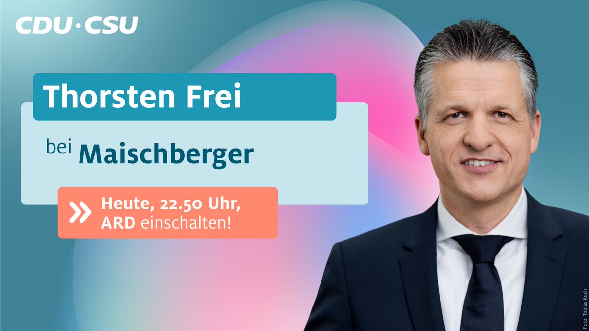 cducsubt's tweet photo. 📺 TV-Tipp: Unser Fraktionsvorsitzender @thorsten_frei ist heute Abend bei @maischberger zu Gast.
 
Mit dabei:
Tim #Klüssendorf, David #Precht, Anja #Kohl, @markuspreiss &amp; @nenacasc 

⏰ 22:50 Uhr #ARD https://t.co/Gh7ypwccXK