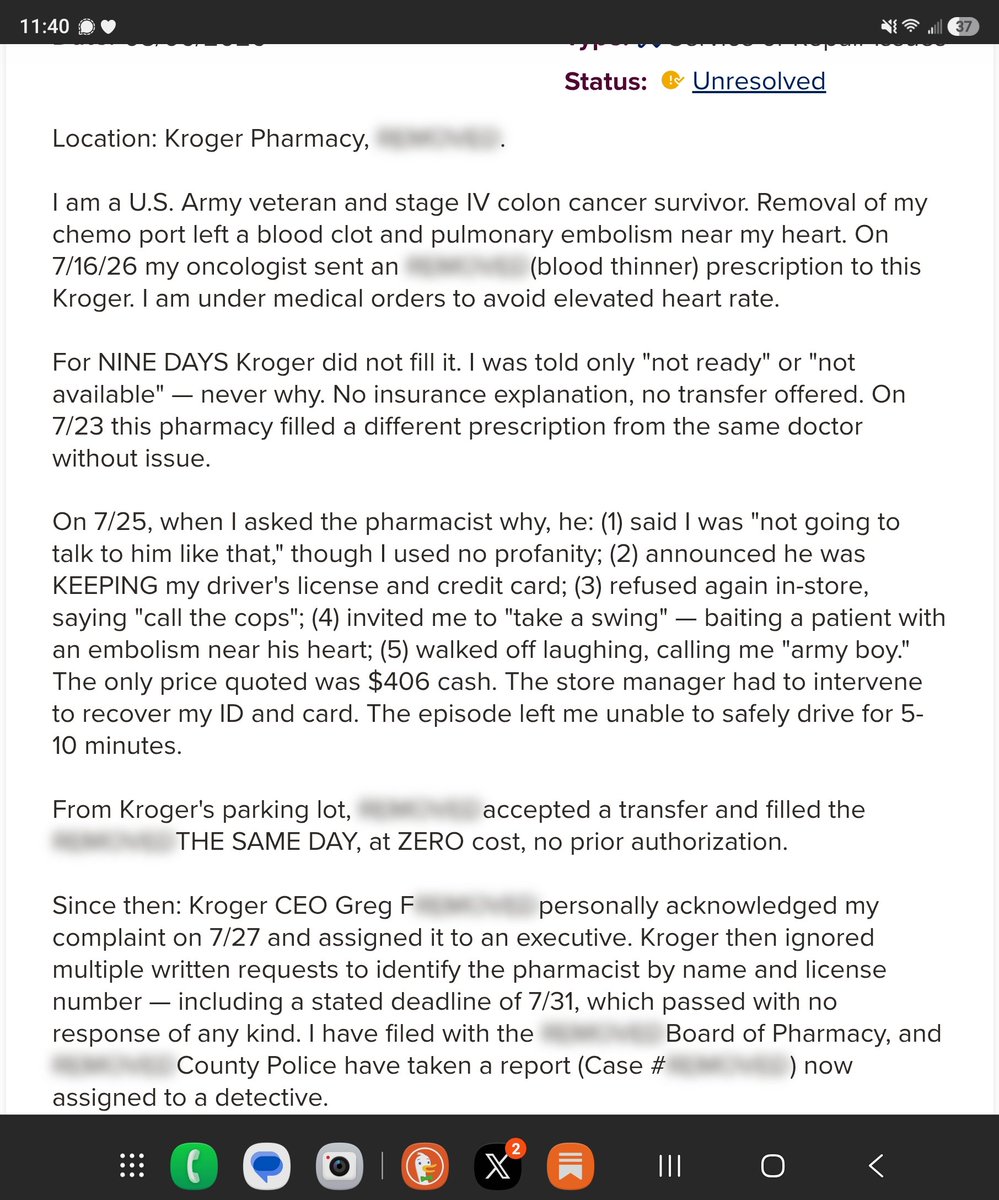 BrianOravetzATL's tweet photo. My @kroger pharmacist, who also appears to be an h1b, was charged with simple assault for withholding my blood thinner medication for 9 days, and trying to pick a fight with me while he was standing behind the pharmacy counter, calling me army boy, because I was wearing an army hat.

This is a licensed Medical Professional who knew that I should not get my heart rate up because of a blood clot and an embolism near my heart, yet he stood behind the Pharmacy Counter trying to get me to take a swing. Kroger is trying to cover this up like a mad dog.

Kroger's CEO even responded personally, yet NOTHING was done. Which tells you all you need to know about him as a "leader". He's not, hes a minion. 

Kroger finally chose to Mark the situation as unresolved. After 7:00 attempts, they still refuse to provide information that is supposed to be public, and that is the pharmacist's name and license number. Yet they refused to provide that to me. They are covering up massive malpractice. They don't even care.