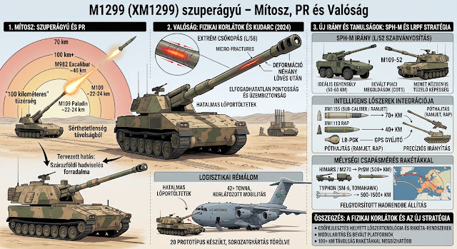 MiklosBorsi's tweet photo. Tüzérségi Metamorfózis 55. Szuperágyú - ERCA  L/58 -Mítosz - PR - Valóság

Készítette: Borsi Miklós

Az amerikai hadsereg ERCA (Extended Range Cannon Artillery) programjának központi eleme volt. Bár a projektet óriási várakozások övezték, a sorsa végül rávilágított a modern haditechnikai fejlesztések fizikai korlátaira, és egy teljesen új stratégiai irányt jelölt ki az amerikai tüzérség számára.

1. A Mítosz és a Valóság (2019–2024)
A PR-kampány (A Mítosz):

A projekt kommunikációja egy olyan „szuperágyút” vetített előre, amely alapjaiban változtatja meg a szárazföldi hadviselést. A fókuszban a 70–100 km közötti lőtávolság állt (szemben az M109 Paladin 30–40 km-es határával). Azt sugallták, hogy az M1299 képes lesz az ellenséges tüzérségi válaszcsapások hatósugarán kívülről megsemmisíteni a célpontokat, ráadásul olcsóbb alternatívát kínál a mélységi csapásmérésre, mint a rakétarendszerek (HIMARS).

A fizikai korlátok (A Valóság):

2024 elején a hadsereg hivatalosan is leállította a fejlesztést két fő ok miatt:

Technikai kudarc: A 100 km-es lőtávhoz szükséges hatalmas lőpornyomás szó szerint „megette” az ágyúcsövet. A rendkívül hosszú (L/58-as) cső néhány tucat lövés után olyan mértékben kopott és deformálódott, ami elfogadhatatlanná tette a pontosságot és az üzembiztonságot.

Logisztikai rémálom: A megnövelt méretű és súlyú (42+ tonnás) löveg túlterhelte az alvázat, korlátozta a mobilitást, és nehezítette a légi szállíthatóságot. Emellett az áhított 10 lövés/perces tűzgyorsaságot biztosító automata töltőberendezés is túl bonyolultnak és megbízhatatlannak bizonyult.

2. A Prototípusok és a Gyártás
Az ERCA program keretében összesen 20 darab prototípus készült el, amelyek célja egy teljes tüzérosztály szintű tesztelés (Operational Assessment) lett volna.

Gyártási típusok és fázisok:

XM1299 Early Prototypes (~2-4 db): Technológiai demonstrátorok (2019–2021). Ezekkel hajtották végre a 72 km-es rekordlövést. Többségük még manuális vagy félautomata töltésű volt, a fókusz pusztán a ballisztikai teljesítményen volt.

XM1299 Operational Assessment (20 db): Csapatpróbákra gyártott példányok az M109A7 alvázára építve. Ezekbe már megpróbálták integrálni a hibásnak bizonyult automata töltőberendezést.

XM907 / XM907E2 (Löveg): Maga az 58-as űrmérethosszú ágyúegység. Külön statikus próbapadokon is tesztelték a lőporgázok roncsoló hatását.

A 20 prototípust jelenleg kutatás-fejlesztési célokra használják, de újabb példányok gyártását törölték.

3. Az ERCA Utáni Korszak: Lőszerfejlesztés és SPH-M (2024–2026)
A program leállítása nem volt hiábavaló: rávilágított, hogy a „minél hosszabb cső” koncepciója zsákutca. A fókusz a hordozóplatformok fizikai méretének növeléséről áthelyeződött a lőszer aerodinamikai és intelligens fejlesztésére, valamint a megbízható európai platformok átvételére.

A Self-Propelled Howitzer Modernization (SPH-M) program:

Az L/58-as kudarc után az USA elfogadta az európai NATO-standard L/52-es csőhosszt, amely ideális egyensúlyt teremt a lőtávolság (50–60 km) és az élettartam között. Az amerikai hadsereg bevált, piacon lévő (COTS) gumikerekes és mozgékonyabb rendszereket kezdett tesztelni, mint a német RCH 155, a svéd Archer, a dél-koreai K9 Thunder, vagy a módosított M109-52.

Intelligens lőszerek integrációja a meglévő (rövidebb csövű) rendszerekbe:

Lőszer / Eszköz típusaTechnológiaHatótávolság (M109A7 L/39)Jellemzők és CélokM1128 HEBase Bleed (Gázfejlesztő fenékrész)~30 kmAlaplőszer az M795 leváltására. A gázgenerátor csökkenti a légellenállást, olcsón tömeggyártható.XM1113 RAPRakéta-póthajtás~40 kmA röppálya csúcsán bekapcsoló rakétamotor extra tolóerőt ad a régebbi lövegeknek is.XM1155 (Sub-Caliber)Torlósugár-hajtómű (Ramjet)70+ kmA jövő precíziós eszköze. Kilövés után saját magát gyorsítja fel, képes mozgó célpontok megsemmisítésére is, csőhossztól függetlenül.LR-PGKGPS-alapú intelligens gyújtóN/A"Buta" lőszerek orrába csavarható vezérlőmodul. Ellenáll a megnövelt g-erőknek és a GPS zavarásnak.
4. Az LRPF Stratégia Újraosztása: PrSM és Typhon
Az ERCA törlésével keletkezett 100+ kilométeres taktikai űrt az amerikai haderő a Nagy Hatótávolságú Precíziós Csapásmérő (LRPF) program rakétás rendszereinek felgyorsításával kompenzálta. A nagyon nagy távolságú precíziós csapásmérést végleg a rakétatüzérségre bízták az alábbi idővonal szerint:
2023 vége / 2024 eleje (PrSM IOC): A Precision Strike Missile (PrSM) Increment 1 elérte a korai műveleti képességet. A HIMARS és M270 platformokról indítható fegyver azonnal átvette az 500+ km-es célpontok pusztítását, abszolút megbízhatósággal.
2024. április (Typhon áttörés): A Fülöp-szigetekre telepítették az első Typhon (Mid-Range Capability - MRC) üteget. Ez a szárazföldről indítható, konténeres rendszer SM-6 és Tomahawk rakétákkal hidalja át az 500 és 1500 km közötti űrt.
2025–2026 (Képességbővítés): Megindult a mozgó célpontok elleni PrSM Increment 2 integrációja, a Typhon ütegek számát pedig folyamatosan növelik a csendes-óceáni és az európai hadszíntereken.
5. Technológiai és Stratégiai Összehasonlítás

A technológiai zsákutca (M1299) és az új, kombinált moduláris irány összevetése:

ParaméterM1299 ERCA (Törölt koncepció)SPH-M Irány (Pl. RCH 155, L/52)Stratégiai Mélység (PrSM / Typhon)Fegyverzet155 mm L/58 (XM907)155 mm L/52 (NATO standard)PrSM / SM-6 / Tomahawk rakétákMax. Hatótávolság72 km (de kritikus csőkopással)50-60 km (fejlett lőszerrel)500 – 1500+ kmMobilitásTúlterhelt lánctalpas (42+ tonna)Gyors gumikerekes vagy bevált lánctalpasNagy mobilitású teherautók / trailerekTűzgyorsaság10 lövés/perc (hibás automata)9 lövés/perc (üzembiztos autoloader)Szimultán rakéta-salvóLogisztikaFenntarthatatlan (folytonos csőcsere)Meglévő nyugati alkatrészbázisDrága, de kiszámítható karbantartás

Összegzés:

A "minél nagyobb ágyú" elvét végérvényesen felváltotta a kombinált modularitás. A frontvonalon az L/52-es csöves tüzérség okoslőszerekkel (Ramjet) biztosít tűztámogatást 50-70 km-ig. A 100 km feletti mélységi műveletekben pedig a felspórolt ERCA-forrásokból finanszírozott PrSM rakéták és a Typhon rendszerek biztosítják a robusztus elrettentő erőt.
📚 Elsődleges szakmai források

Defense News: "US Army scraps Extended Range Cannon Artillery prototype" (2024. március 11.) – Doug Bush hivatalos bejelentése a program leállításáról a cső élettartam-problémái miatt.
Breaking Defense: "Army axes ERCA prototype, but the dream of long-range fires lives on" (2024. március) – A 20 darabos kísérleti flotta és az XM907-es löveg kopási problémáinak elemzése.
Congressional Research Service (CRS): "The Army’s Modernization Strategy: Long-Range Precision Fires (LRPF)" – Költségvetési átcsoportosítások az M1299-estől a HIMARS és a PrSM irányába.
Janes Defence Weekly: "US Army 155 mm Extended Range Cannon Artillery (ERCA)" – Specifikus adatok a tűzgyorsaságról, az autoloader hibáiról és az L/58 fizikai korlátairól.
US Army FY2025 Budget Justification: Költségvetési terv, amely kiemelt keretet biztosít az XM1155 (Ramjet) és XM1113 lőszerek meglévő rendszerekbe való integrálására.
Jelen elemzés és értékelés nyílt forrású adatok (OSINT) feldolgozásával, Mesterséges Intelligencia interaktív alkalmazásával és szintézisével készült.