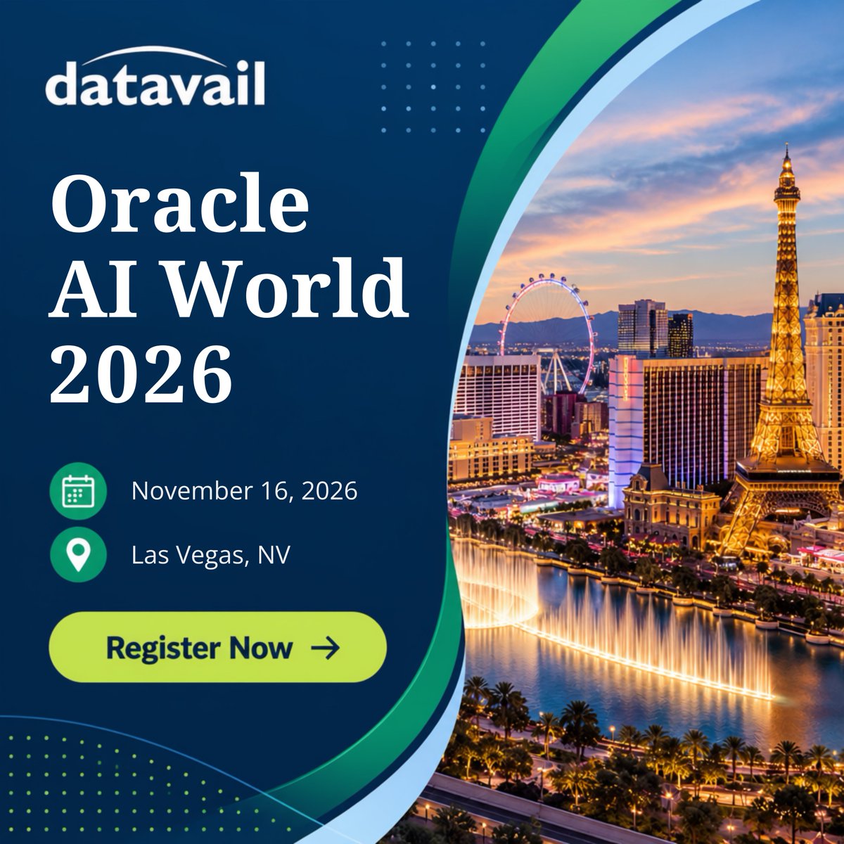 datavail's tweet photo. 11 days to Oracle AI World 2026, Oct 25 to 28 in Las Vegas. Exploring AI, optimizing Oracle Cloud, or modernizing legacy systems? Our Oracle specialists will be onsite throughout. #OracleAIWorld https://t.co/u1qGNQd9zM