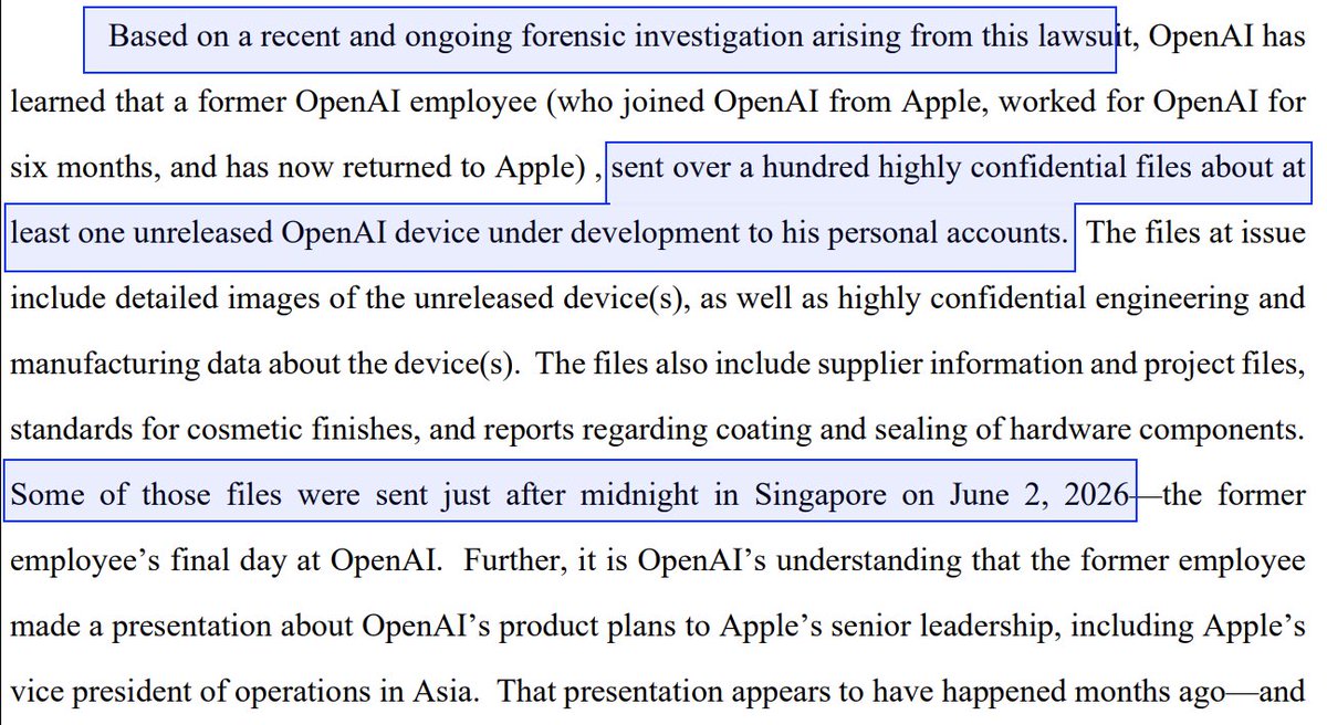 ZackKorman's tweet photo. OpenAI just revealed that an employee stole over a hundred highly confidential files months ago, and they didn't notice until now. They only found it while looking for evidence in the Apple lawsuit.

Not a good look for insider threat detection. https://t.co/cDLOuIyOgP