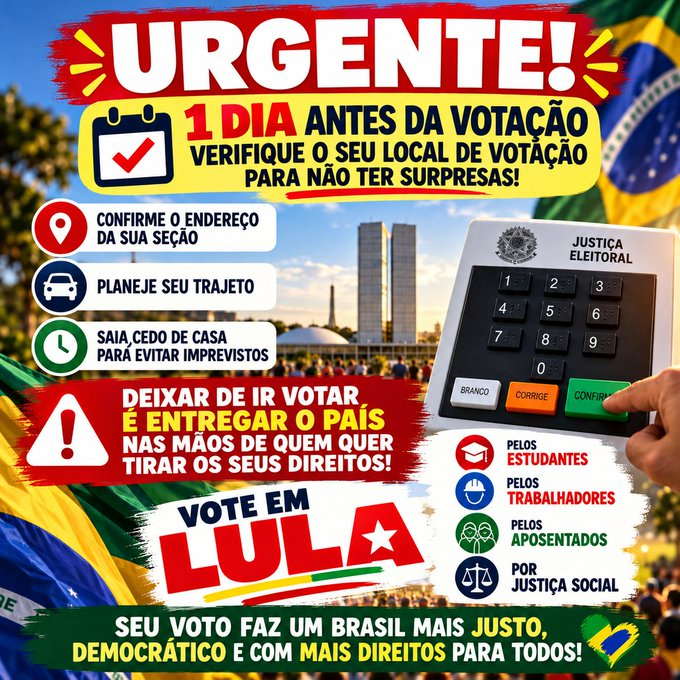 esquerdeando's tweet photo. O Kássio tá mudando os locais de votação. Por isso, fique atento.
LULA ATÉ 2030 Pra que não sejamos governados por uma quadrilha. https://t.co/fs5y9sK7tp