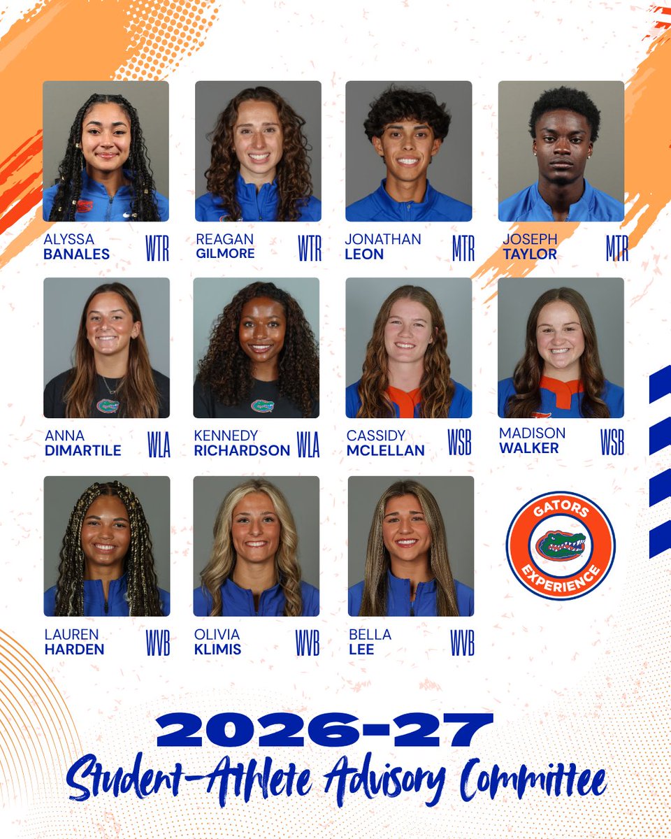 GatorsExp's tweet photo. 🥁🥁🥁 ….Presenting Gators SAAC for the 2026-27 year! 

Congratulations to these Gators for being selected to represent their teams and Florida Athletics. They will work together to create impact through leadership and connection!🐊🕺💫

#GatorsLead https://t.co/BGqdS6X2XC