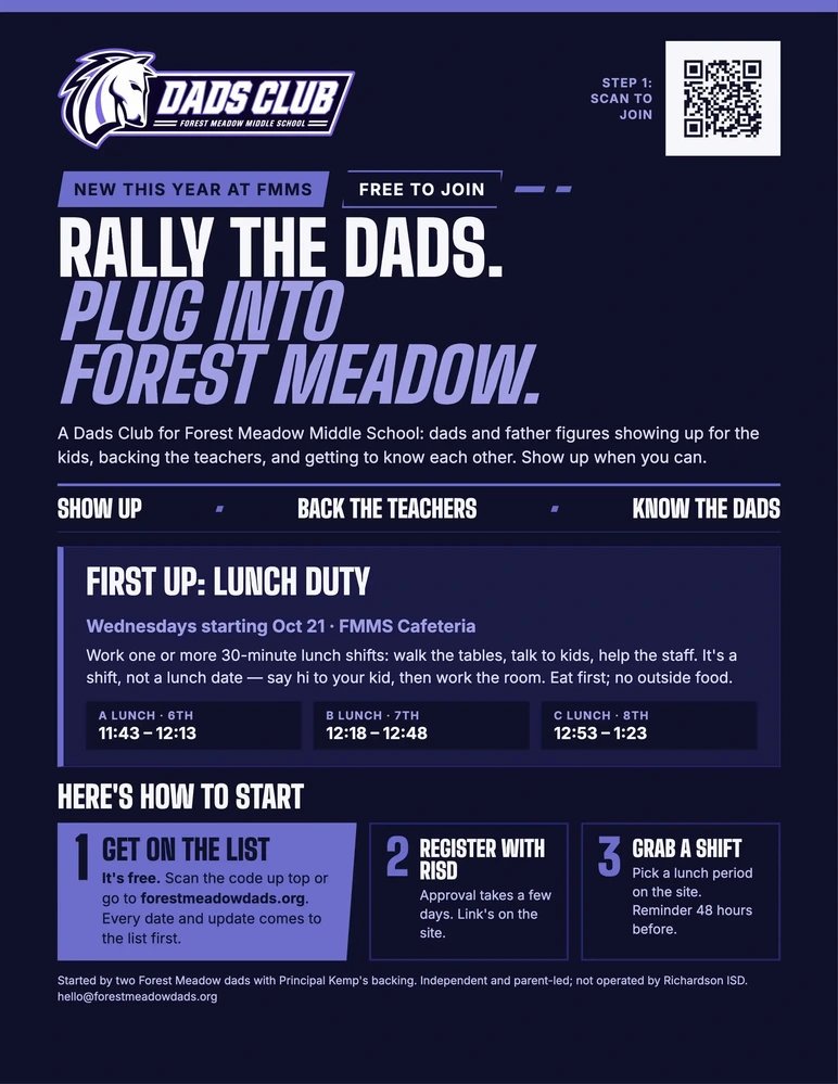 ForestMeadowMS's tweet photo. Rally the dads! ⚡️ The new FMMS Dads Club is free to join &amp; showing up for our kids and teachers.   First up: Lunch Duty starting Wed, Oct 21! 🍕1️⃣ Sign up at https://t.co/OGVjGzMgBK
2️⃣ Register w/ RISD
3️⃣ Grab a 30-min shift   #FMMS #ChargerPride https://t.co/W7gAsvtzi8