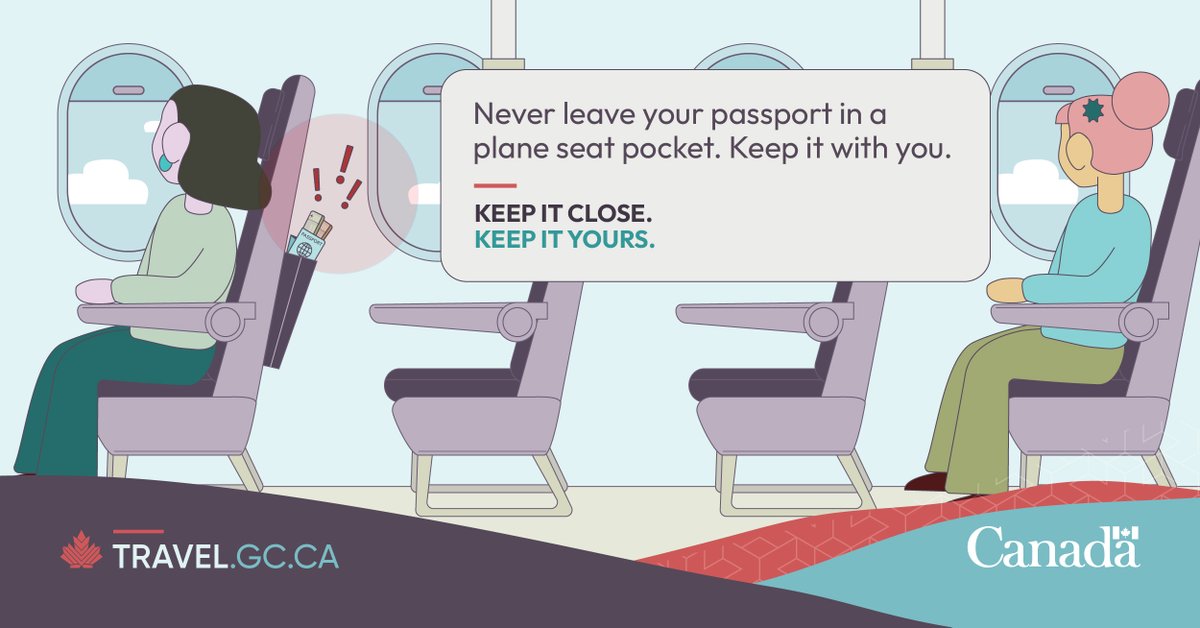 TravelGoC's tweet photo. ✈️ Never leave your #passport in a seat pocket or overhead bin. Always keep it on you, in a zipped or inside pocket. 
Find more #advice on how to protect your belongings while outside Canada: https://t.co/O9yb3JPU9X https://t.co/zujSn4MMDo