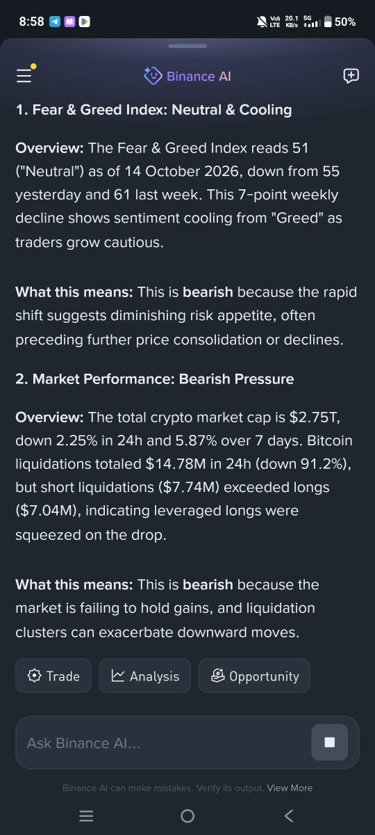 BullishCherry's tweet photo. I just texted Binance AI, here is my honest feedback 🤖

I liked how Binance AI broke down the market into sentiment, price performance, and macroeconomic factors instead of just saying BTC looks bullish or bearish. The Fear & Greed Index and CPI explanation made the analysis easier to follow. 📊

One improvement I'd love to see is clickable sources for every key statistic, along with timestamps confirming when the data was last updated. I also think showing both bullish and bearish scenarios with important support and resistance levels would make the analysis more balanced and useful.

Overall, a promising tool! I want Binance AI to help me understand WHY the market is moving, not just tell me what might happen next. 🚀

#BinanceAI