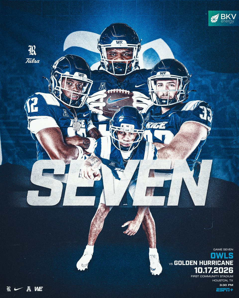 RiceFootball's tweet photo. GAME 7️⃣

🆚 Tulsa
🗓️ Saturday, Oct. 17
🕛 3:30 PM
📺 ESPN+
🎟️ https://t.co/VLHUsGUzpw

#WE | #ReptheR https://t.co/T3zWFHKObd