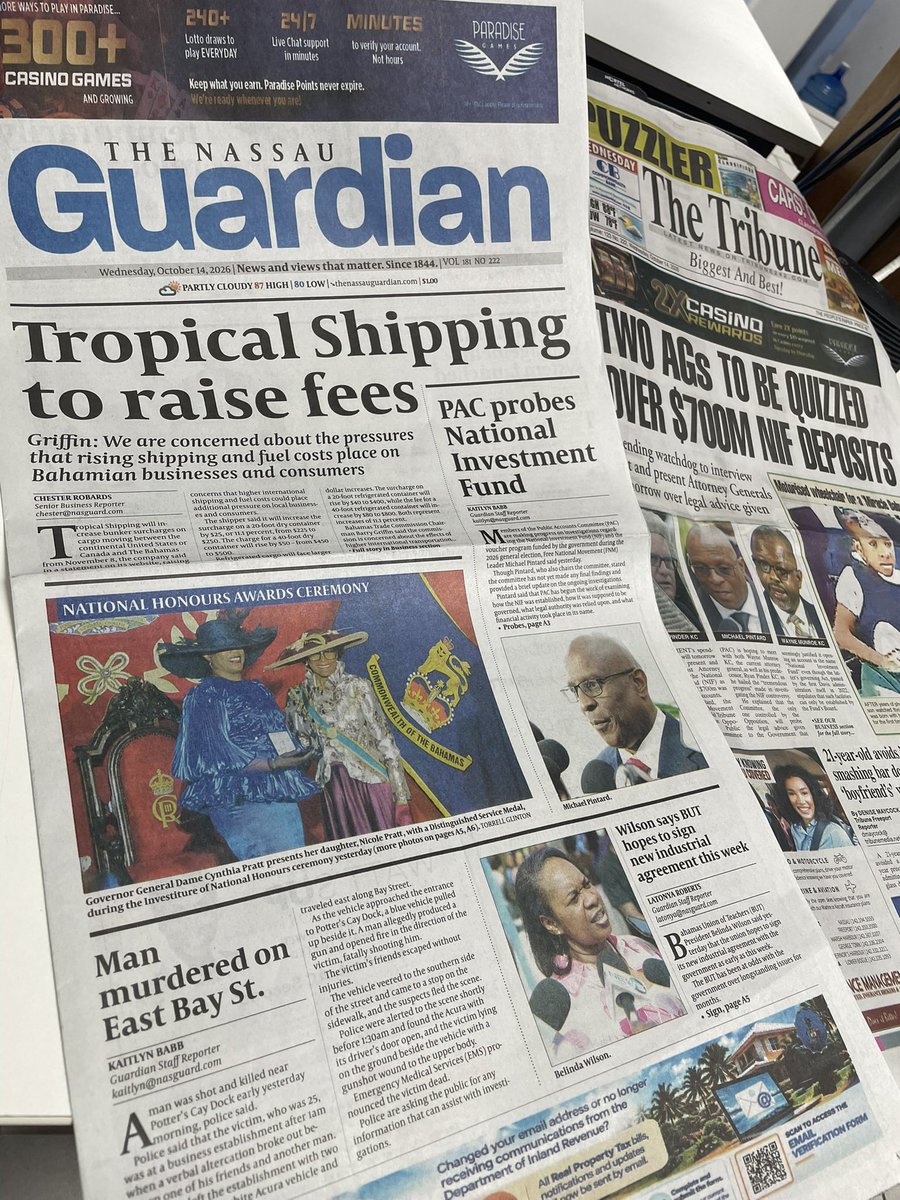 MorningBlend969's tweet photo. #MorningBlend on @guardianradio96. “In The News”- PAC probes National Investment Fund; man murdered on East Bay St; BUT hopes to sign industrial agreement this week; Tropical Shipping to raise fees; new electoral management system launched; lawlessness of the streets continues https://t.co/iy3j5zmxxg