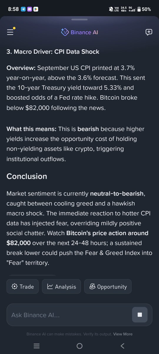 BullishCherry's tweet photo. I just texted Binance AI, here is my honest feedback 🤖

I liked how Binance AI broke down the market into sentiment, price performance, and macroeconomic factors instead of just saying BTC looks bullish or bearish. The Fear & Greed Index and CPI explanation made the analysis easier to follow. 📊

One improvement I'd love to see is clickable sources for every key statistic, along with timestamps confirming when the data was last updated. I also think showing both bullish and bearish scenarios with important support and resistance levels would make the analysis more balanced and useful.

Overall, a promising tool! I want Binance AI to help me understand WHY the market is moving, not just tell me what might happen next. 🚀

#BinanceAI