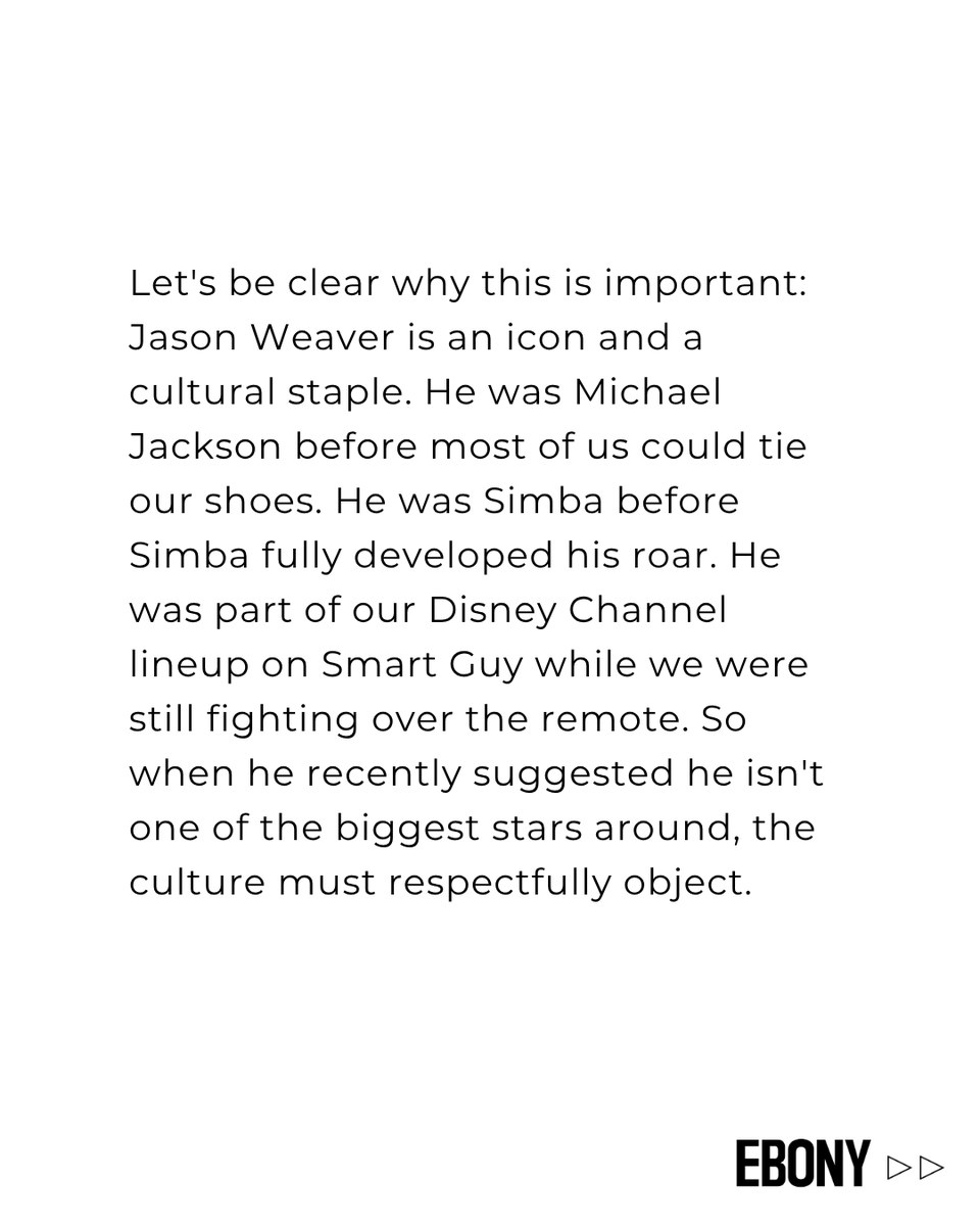 EBONY's tweet photo. From his roles as a young Michael Jackson and Simba to ‘Smart Guy,’ ‘ATL,’ ‘The Chi’ and beyond, @itsJasonWeaver has played a major role in shaping Black culture across three decades.

His work doesn’t just bring back memories... it reminds us how deeply he’s been part of them, creating a legacy we’ll always be celebrating. 🖤

Tap for more as EBONY gives our flowers to a living legend: https://t.co/q8bjN5TXbR