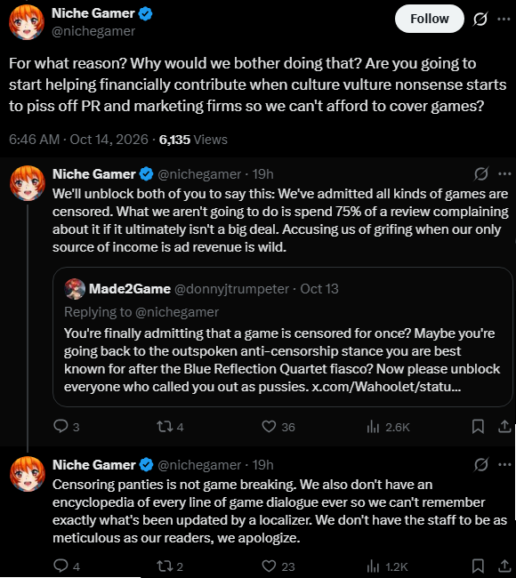 OtakuEspiritu's tweet photo. The mask came off!

You can’t really claim to be doing it for the gamers, or care about games or anything like that, when you say “We are controlled by the sponsors.”

I get it, you need money to run, but you just showed you are not worth listening to or even respecting. Watch your ad revenue drop when your views and followers drop, because no one can respect your views when you don’t care about the games or the gamers.

Plus, I kind of call cap on some of the stuff you are saying.