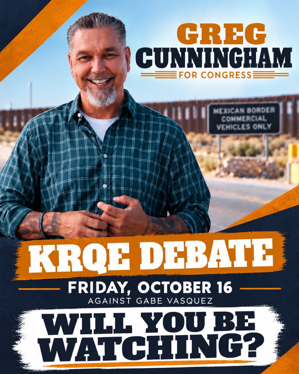 cunninghamfornm's tweet photo. New Mexico, are you ready? 🇺🇸

This Friday, I'll be taking the debate stage with Gabe Vasquez on @krqe AT 5:00 PM!
I'm ready to talk about the issues that matter most to New Mexico families. 

📺 Friday, October 16 @ 5:00 PM| KRQE
🇺🇸 Will you be watching? Let me know in the comments!