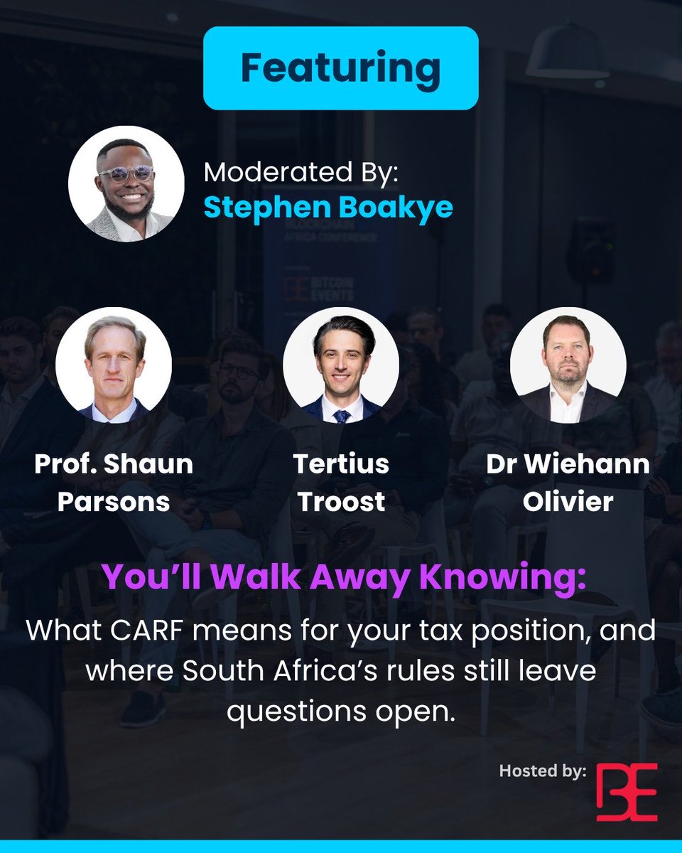 BitcoinEventsCo's tweet photo. Less than 24 hours to #BAC26.

Crypto, tax and cross-border capital: Stephen Boakye moderates Prof. Shaun Parsons, Tertius Troost and Dr Wiehann Olivier.

Seats are limited. Tickets at the door or secure yours now: https://t.co/EbDJjiNYst https://t.co/RyogrD1Cds