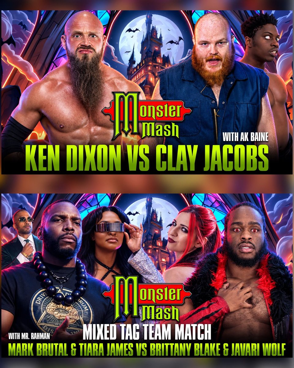 MCWWrestling's tweet photo. 🎃🔥 TWO MORE MATCHES ADDED TO #MCWMonsterMash! 🔥🎃

💥 KEN DIXON 🆚 CLAY JACOBS

Two bulls. One china shop. SOMETHING’S GOTTA GIVE! 💪

@The_KenDixon and Clay Jacobs collide once again on October 24th! With AK Baine in Jacobs’ corner, expect a hard-hitting showdown between two of #MCW’s biggest bruisers!

🔥 MIXED TAG TEAM MATCH!

MARK BRUTAL & TIARA JAMES 🆚 JAVARI WOLF & BRITTANY BLAKE

The Brain Trust’s Mark Brutal and @IAmTiaraJames, accompanied by Mr. Rahman, join forces against Javari Wolf and former #MCWProWrestling Women’s Champion @BrittanyBlake_! Which team walks out victorious?! 👀

🎃 MCW MONSTER MASH 2026
📅 Saturday, October 24th
📍 RJ Meyer Arena | Joppa, #Maryland
🚪 Doors 5:30 PM | 💥 Pre-Show 6:30 PM | 🔔 Belltime 7:30 PM

🎟️ TICKETS ON SALE NOW!
👨‍👩‍👧‍👦 Action-packed, family-friendly entertainment!
💰 SAVE with our ONLINE EXCLUSIVE Family 4-Pack!
👻 Trick-or-treating, costume contest, #Halloween activities and MORE!
🍬 KIDS 12 & UNDER IN COSTUME GET IN #FREE!

🎟️ https://t.co/VHyJNyNNAV

COME FOR THE HALLOWEEN FUN. STAY FOR THE MAYHEM! 🎃🔥