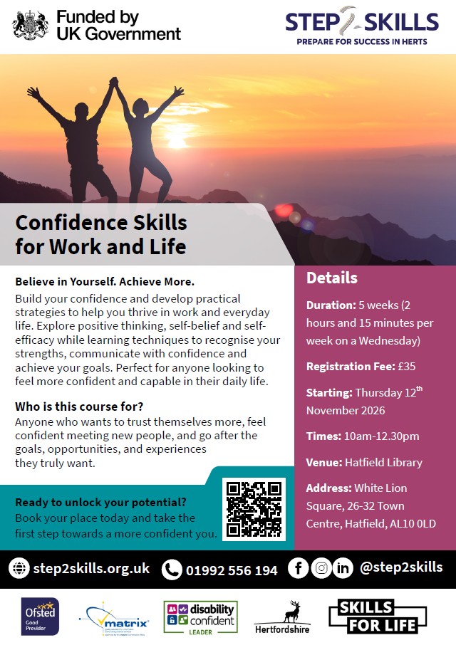 WelHatCouncil's tweet photo. Build your confidence skills to help you thrive in work and everyday life on this 5-week course.

📍 Hatfield Library
🗓️ Thursdays from 12 November
🕙 10am-12.30pm

👉 Find out more and book: https://t.co/nmNBScVaQ5 https://t.co/6SMFlgFQvL