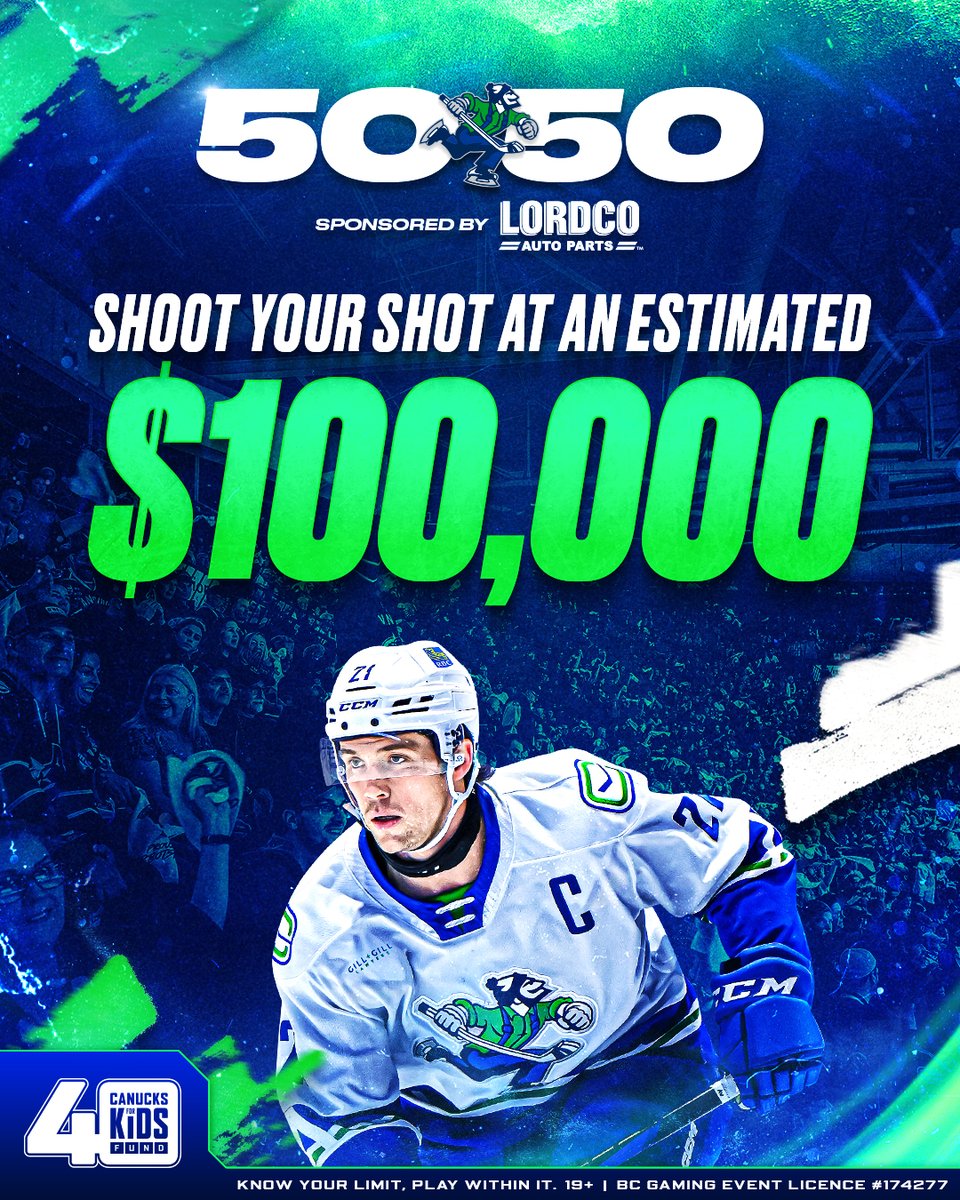 abbycanucks's tweet photo. Get in on the action 💰

The @CanucksForKids 50/50 raffle, sponsored by @lordco, is now LIVE! Sales close at the end of second intermission during Home Opener on October 17th! 

Know your limit, play within it. Must be 19+ and located in BC to play.

🎟️ | https://t.co/D2TPEGPTF0 https://t.co/kk4tgk0ztD