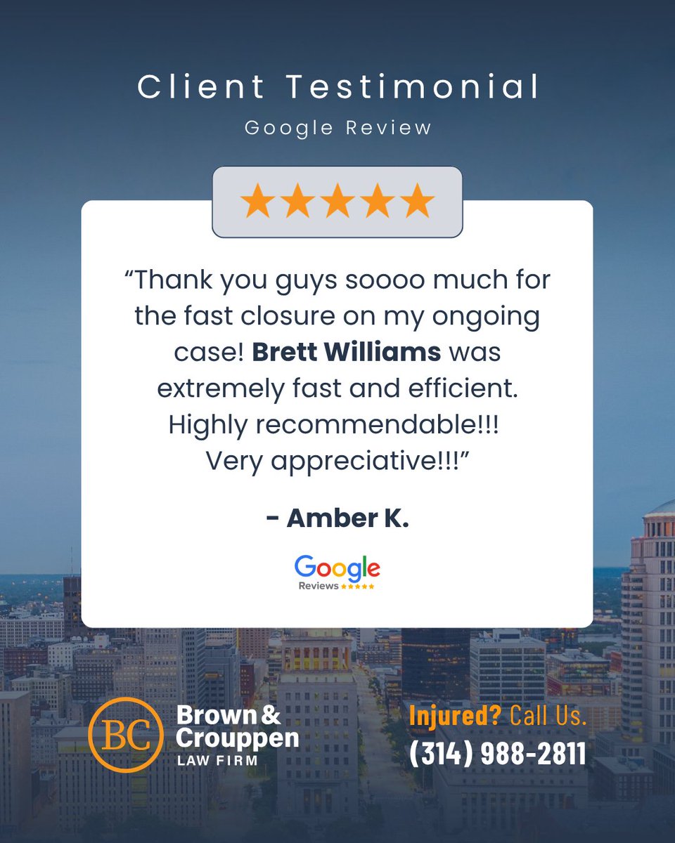 GetBC's tweet photo. ⭐⭐⭐⭐⭐
“Extremely fast and efficient.”  
Thank you, Amber, for trusting Brett Williams and the Brown &amp; Crouppen team with your case. We appreciate you taking the time to share your experience. 💙 https://t.co/rRAozhw1dY
