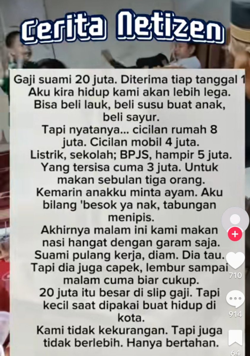 liaasister's tweet photo. Yang lagi viral ... Keluhan seorang ibu rumah tangga yg suami nya bergaji 20 juta . 
Kalau di lihat keluhan nya , masalah nya ada di cicilan . Terlalu banyak cicilan yg membuat gaji 20 juta itu "berasa kecil". 

Jaman sekarang ini, gak masalah kalau belum punya rumah & harus ngontrak , gak  perlu punya mobil sendiri kalau memberatkan . 
Gak usah gengsi pakai kendaraan umum . Yg penting gak kekurangan sehari hari , gak perlu ngemis minta minta sama orang . Yg penting semua kebutuhan bisa terpenuhi. 

Belum punya rumah & belum punya kendaraan sendiri itu bukan aib . Sekali lagi bukan aib.