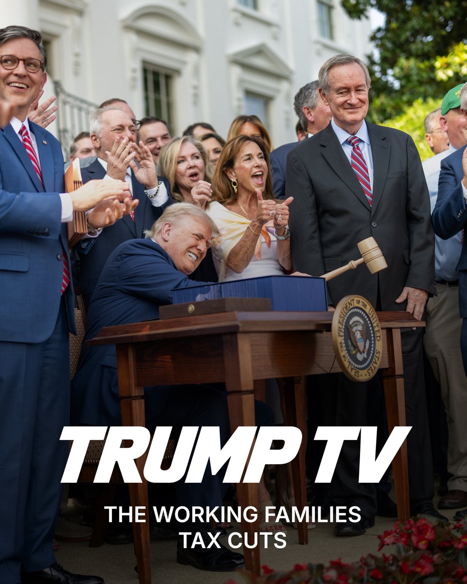 WhiteHouse's tweet photo. While Democrats voted for a tax INCREASE on American families, President Trump's Working Families Tax Cuts delivered HISTORIC tax cuts. 💰💸

No Tax on Tips, savings for American families &amp; MORE! Catch it all NOW on https://t.co/TwtoWCYCfn. 🇺🇸 https://t.co/gac1NHuXeh