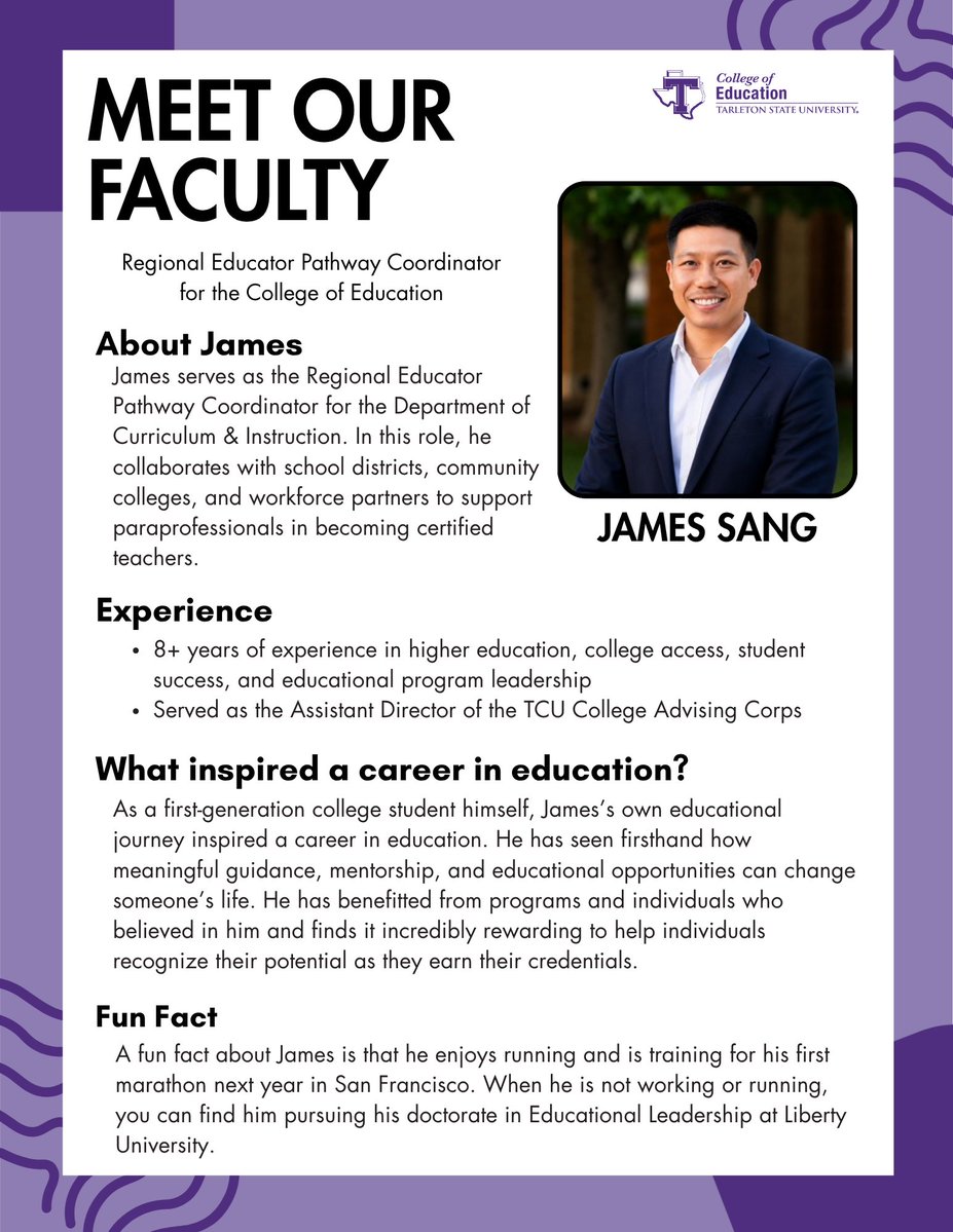 fwteachered's tweet photo. ⭐ Meet James Sang, our new Regional Educator Pathway Coordinator for the Department of C&I! James is excited to help paraprofessionals achieve their goal of becoming certified teachers. Welcome to the Tarleton family, James!💜 #BleedPurple #FacultyFeature #CoEd #FutureEducators https://t.co/3IGmTo3Dxc